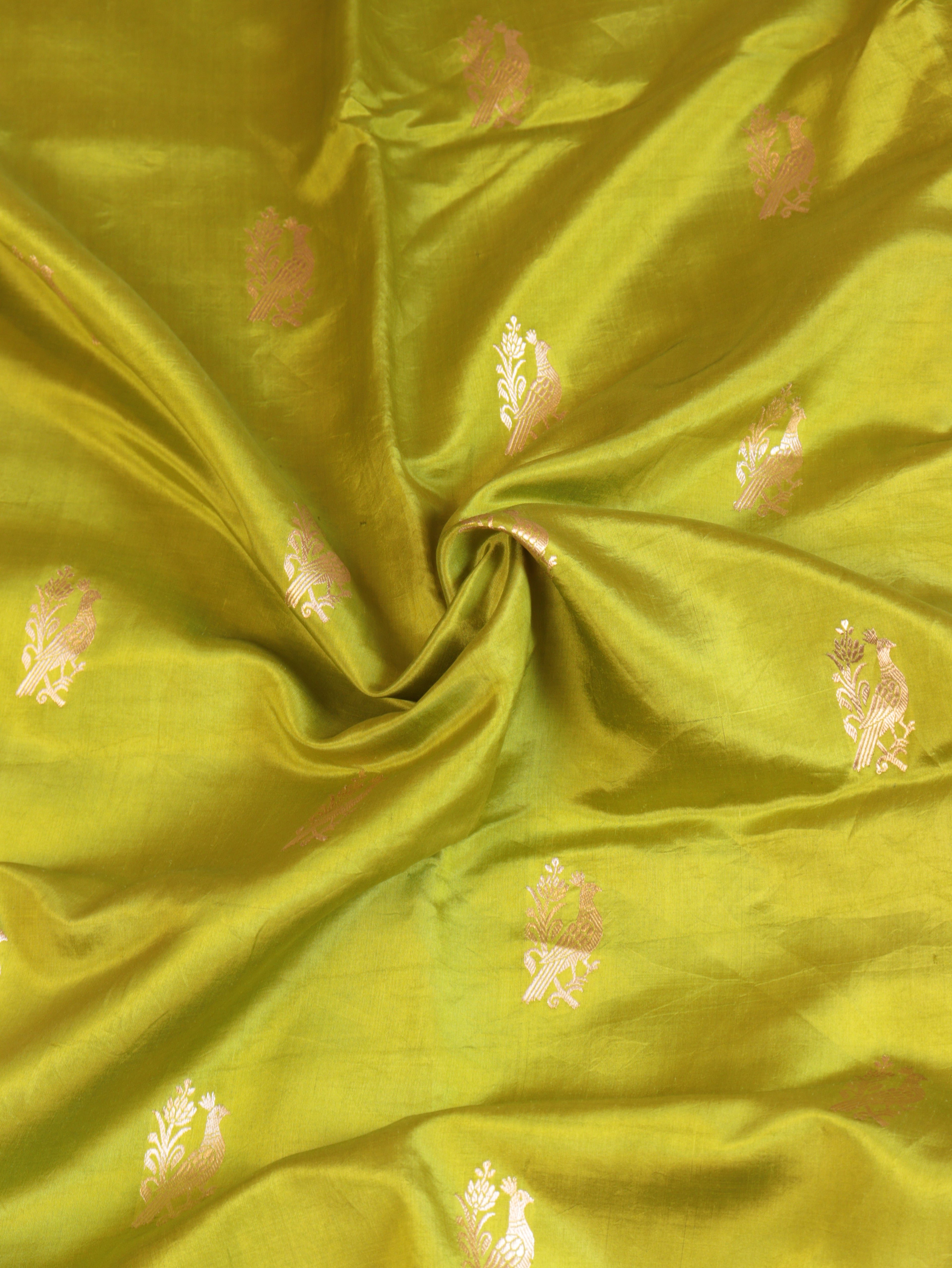 Cow Border Handloom Pure Soft Katan Silk Saree - Lime Green