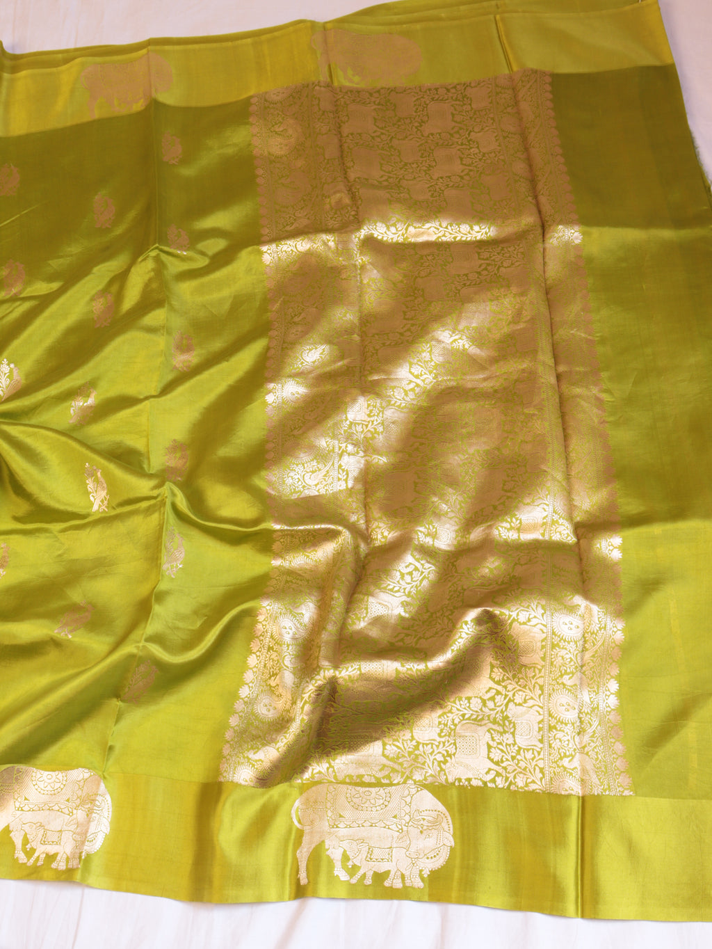 Cow Border Handloom Pure Soft Katan Silk Saree - Lime Green