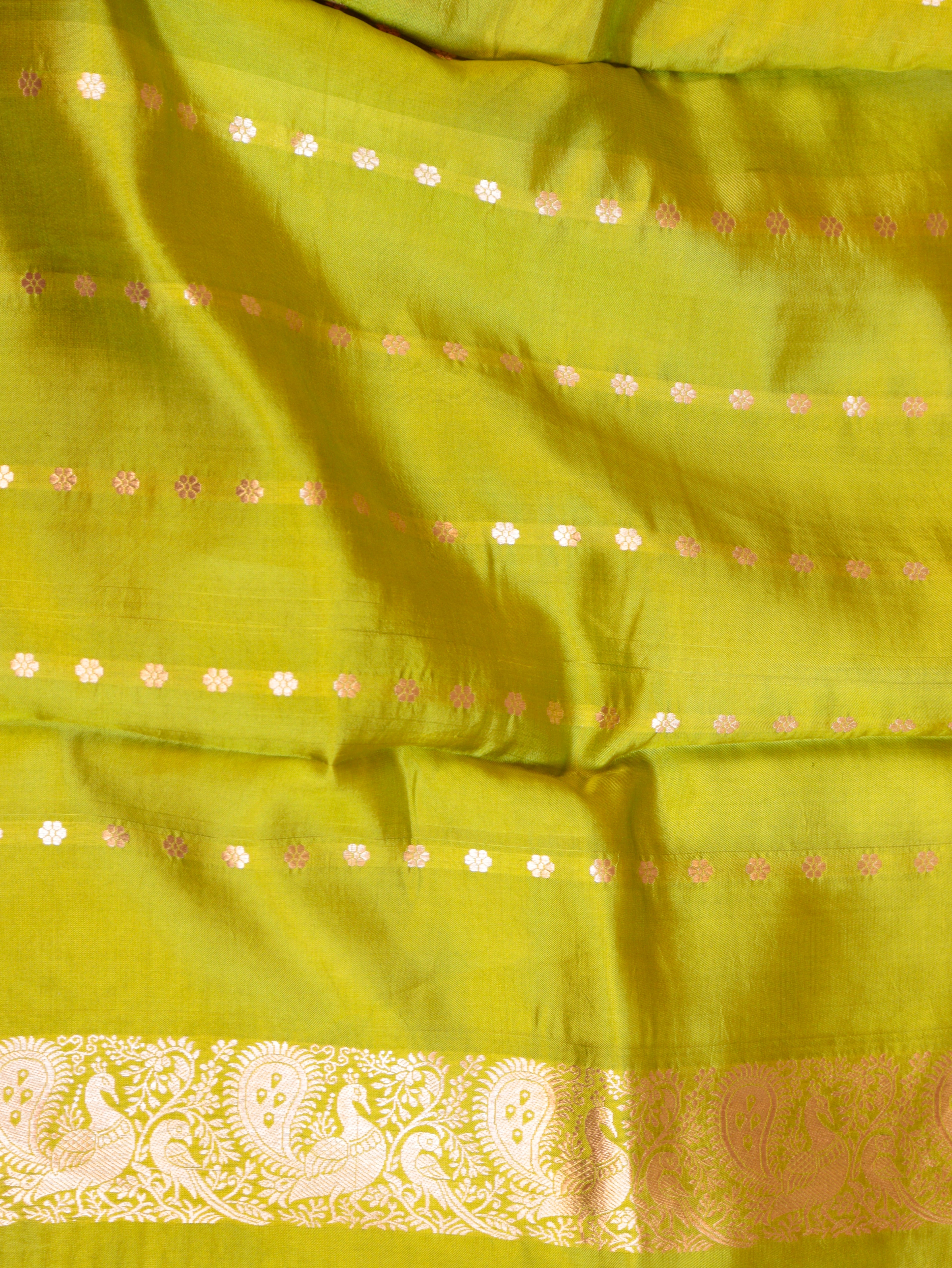 Cow Border Handloom Pure Soft Katan Silk Saree - Lime Green