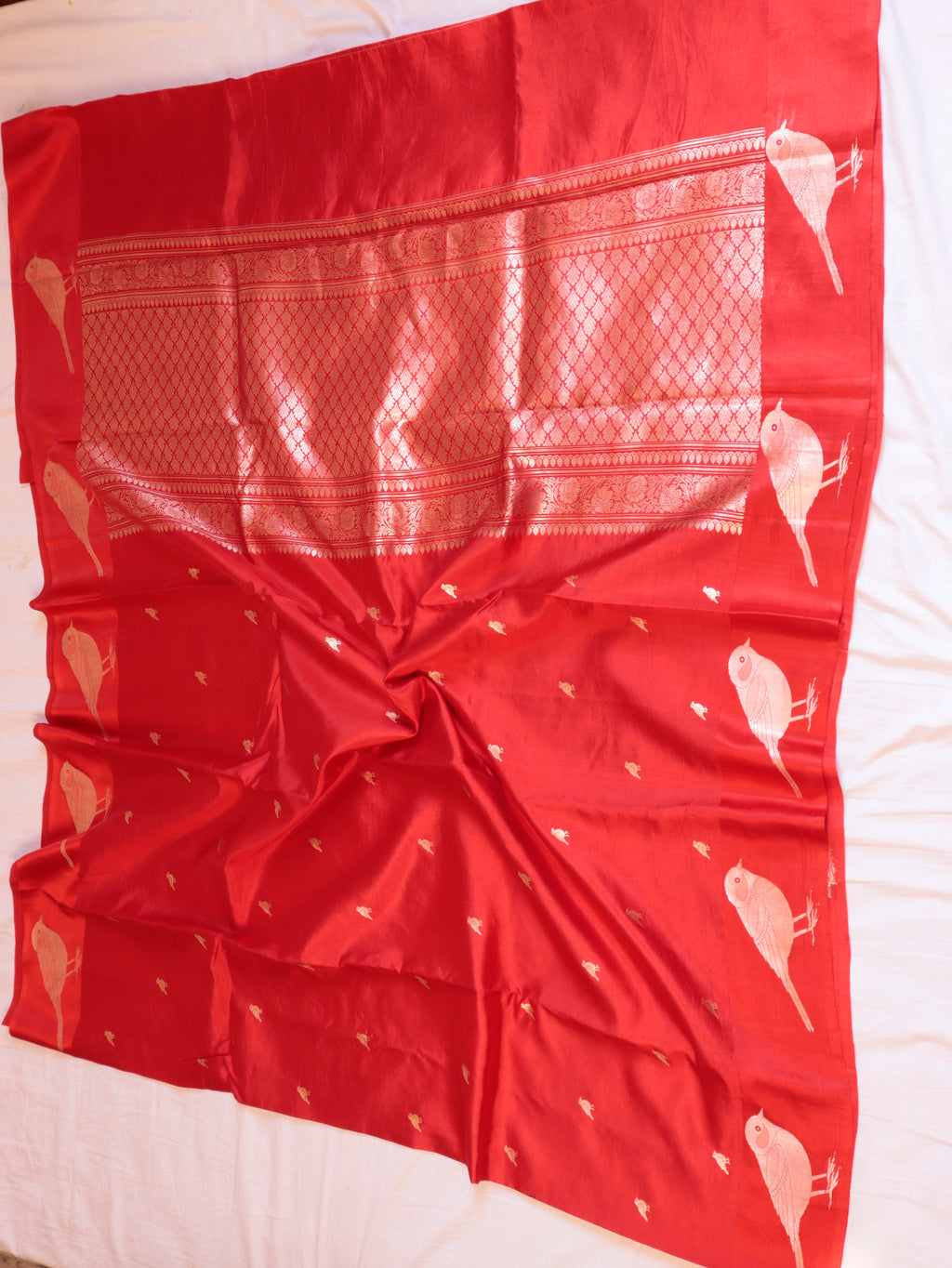 Bird Border Handloom Pure Soft Katan Silk Saree - Red