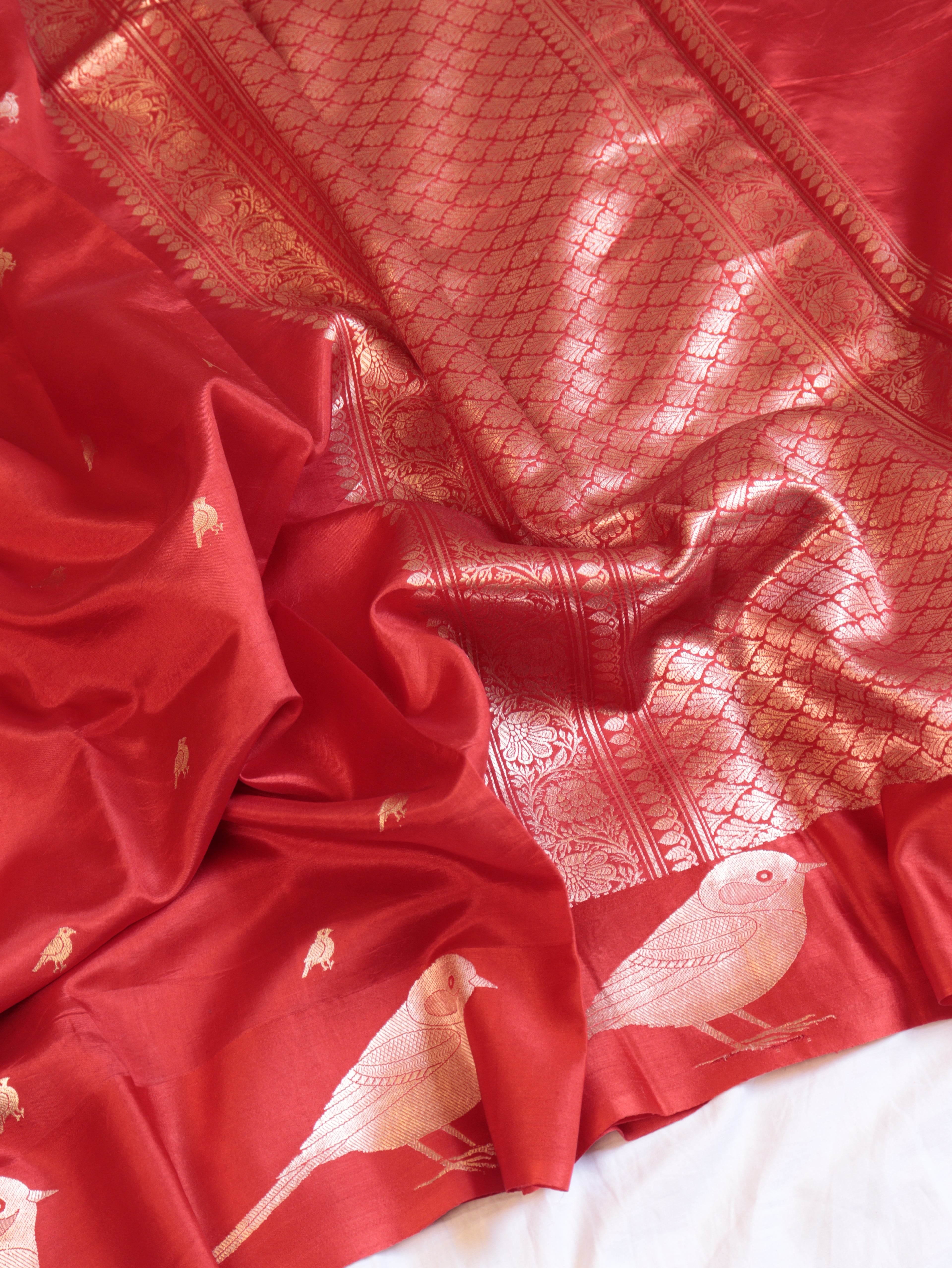 Bird Border Handloom Pure Soft Katan Silk Saree - Red