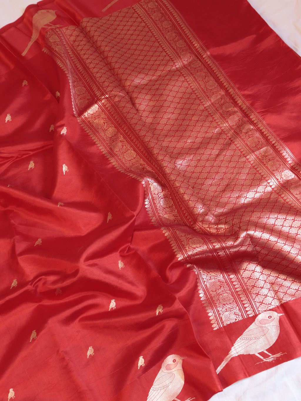 Bird Border Handloom Pure Soft Katan Silk Saree - Red