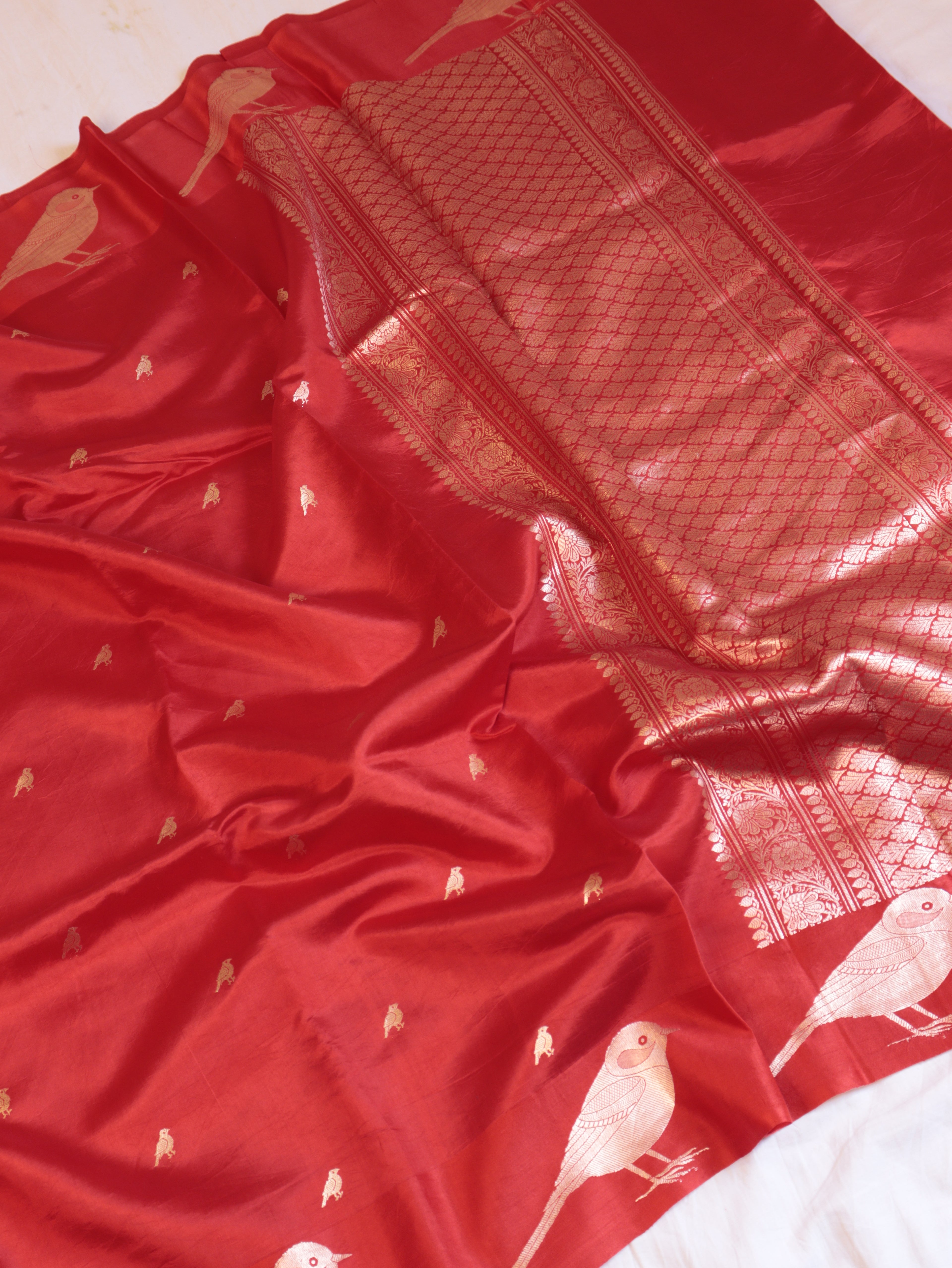 Bird Border Handloom Pure Soft Katan Silk Saree - Red
