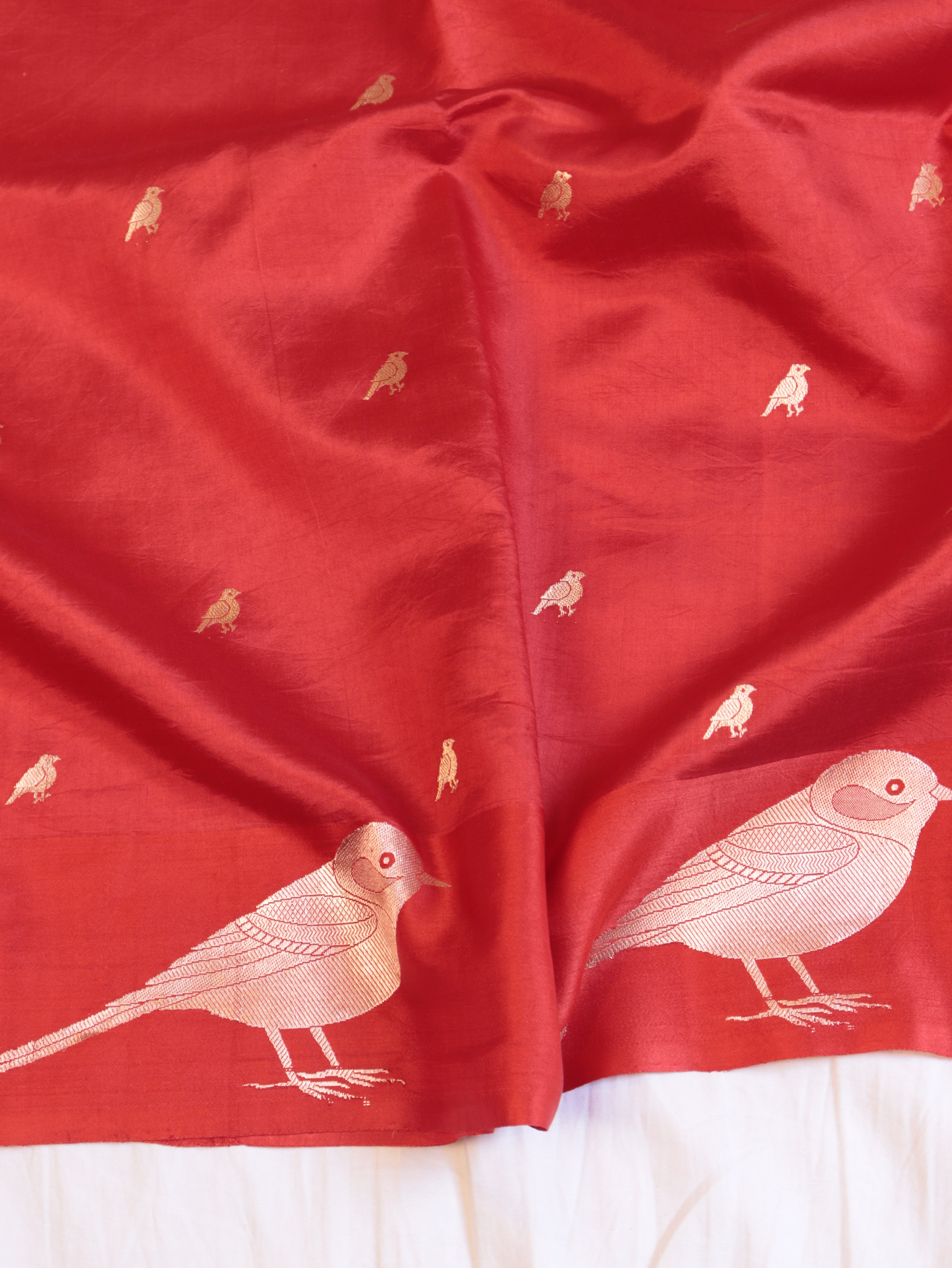 Bird Border Handloom Pure Soft Katan Silk Saree - Red