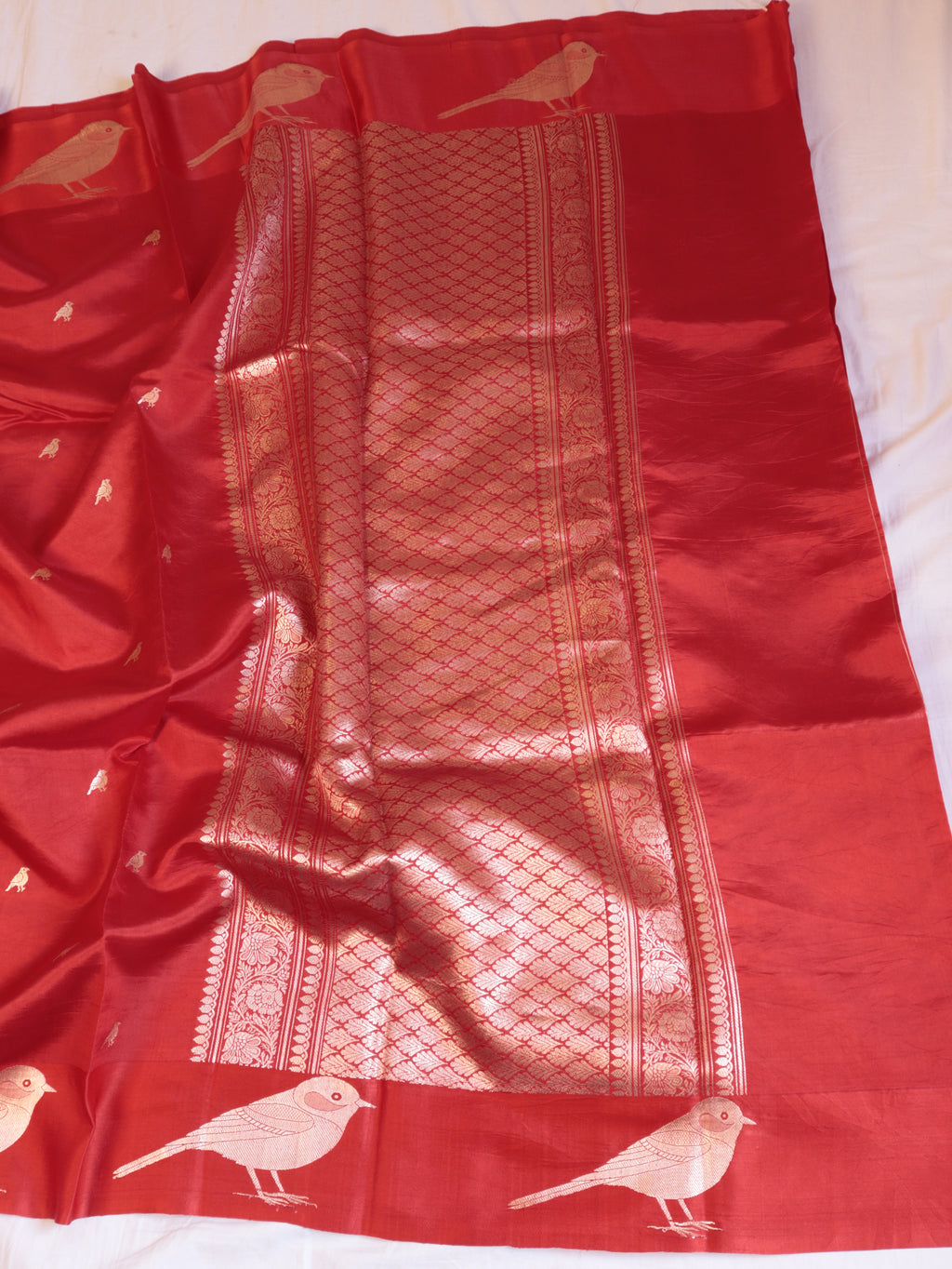Bird Border Handloom Pure Soft Katan Silk Saree - Red