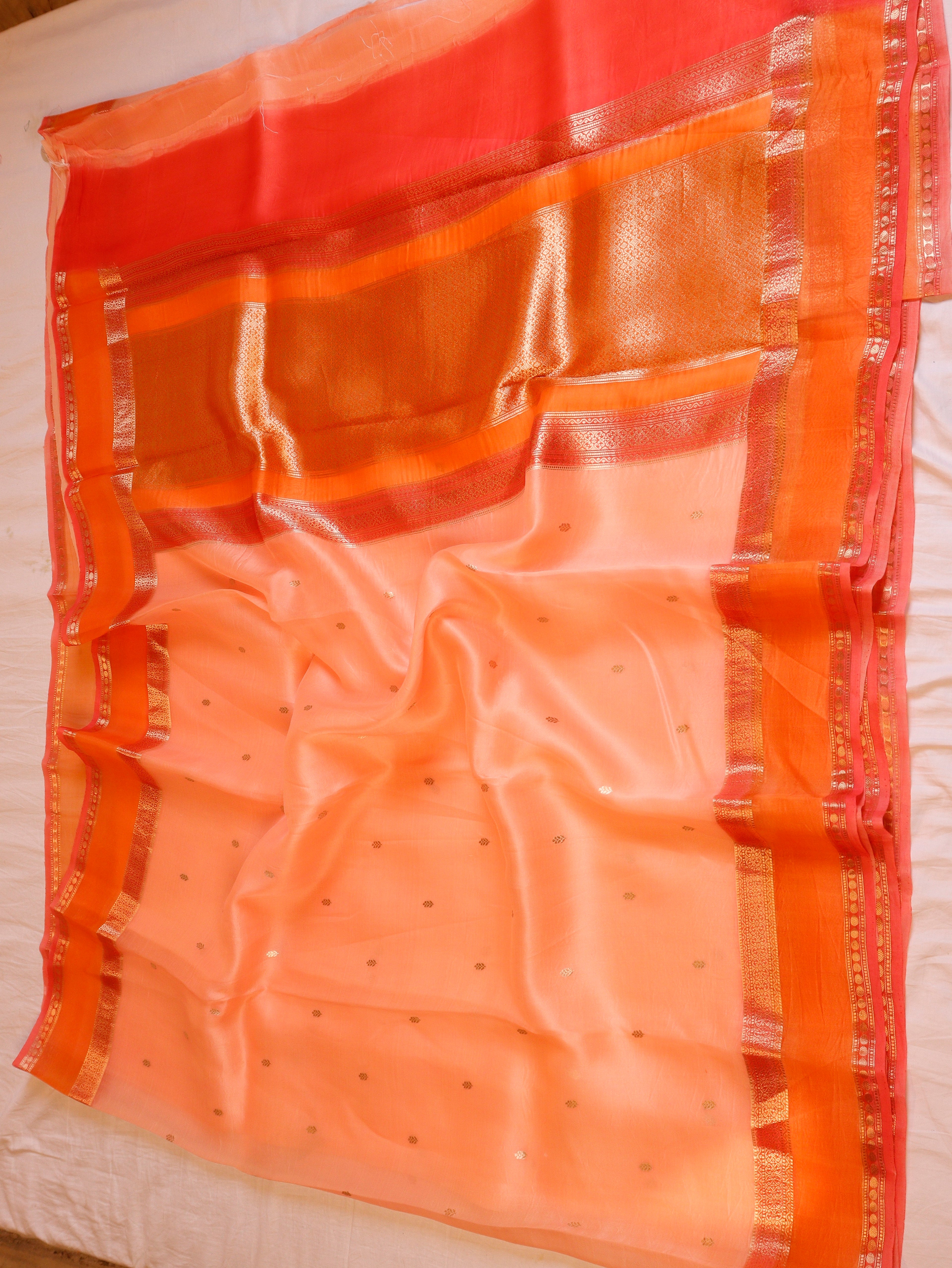 Contrast Border Handloom Pure Kora Silk Saree - Peach