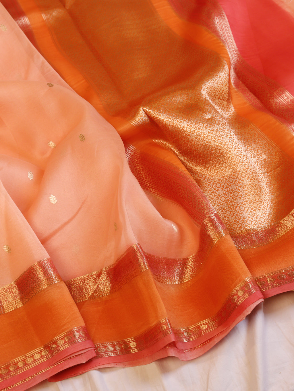 Contrast Border Handloom Pure Kora Silk Saree - Peach