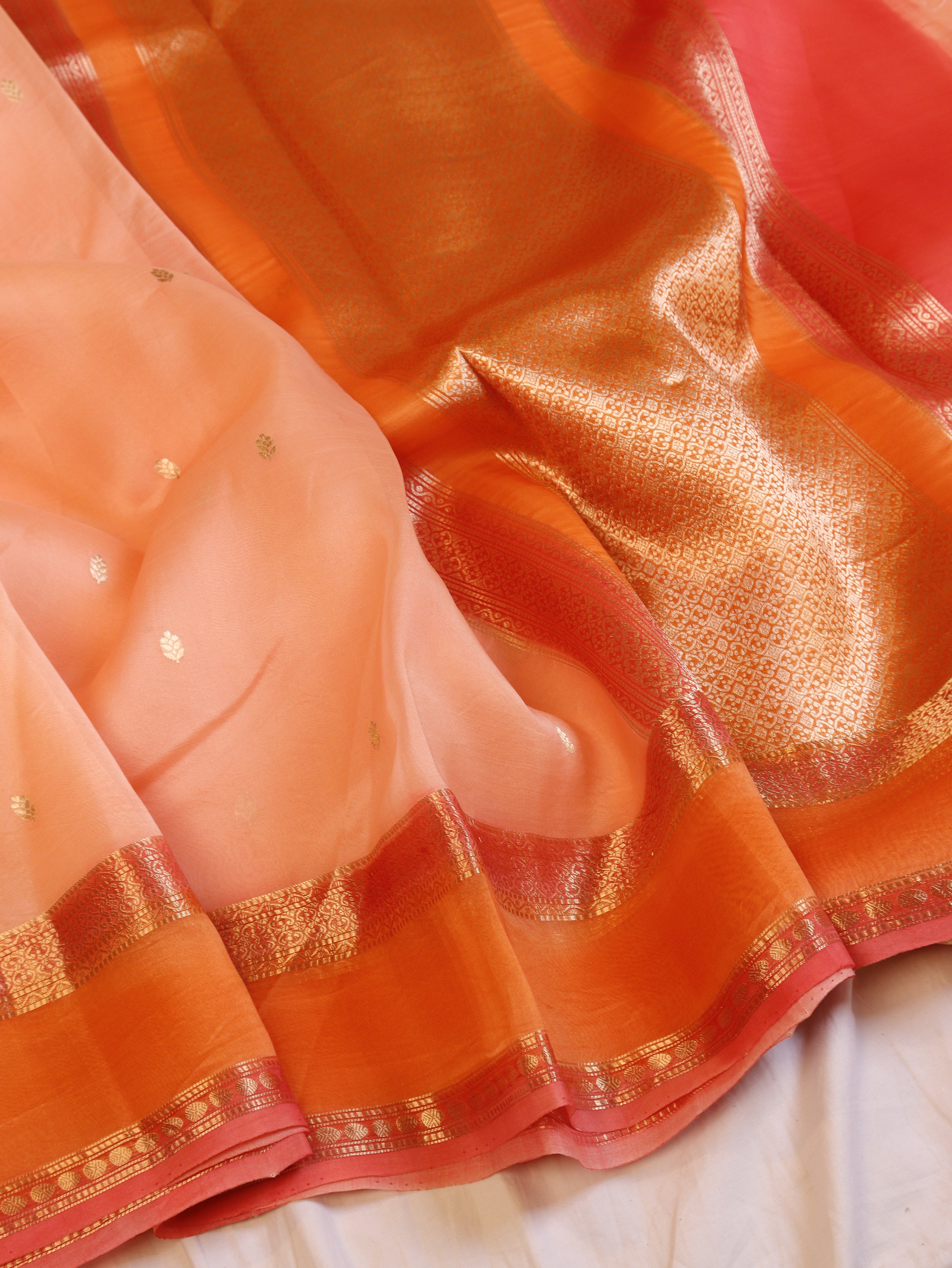 Contrast Border Handloom Pure Kora Silk Saree - Peach