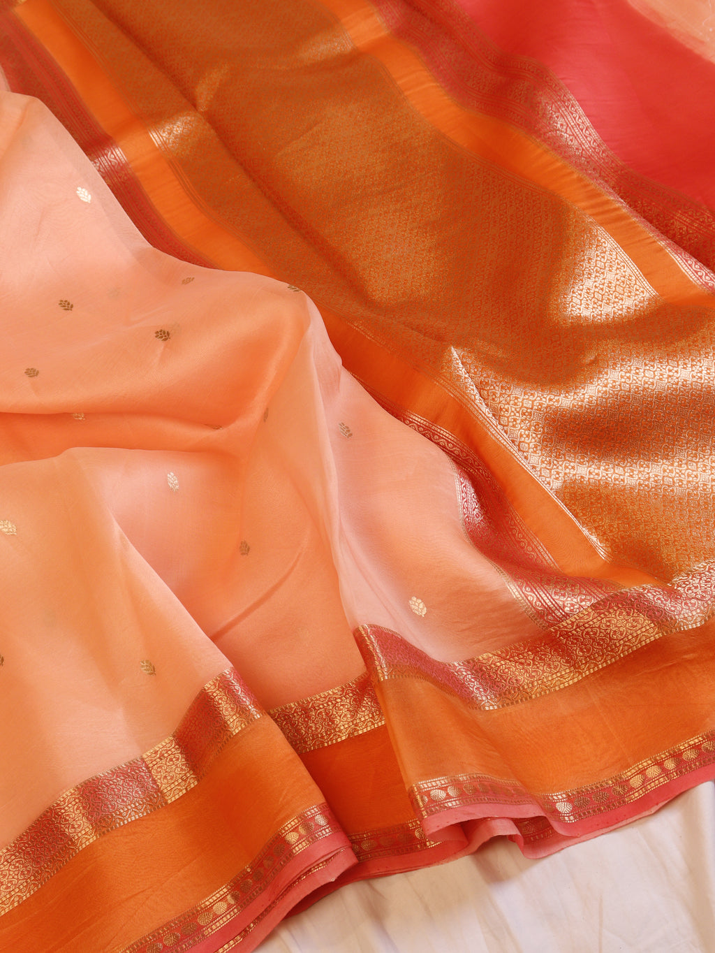 Contrast Border Handloom Pure Kora Silk Saree - Peach