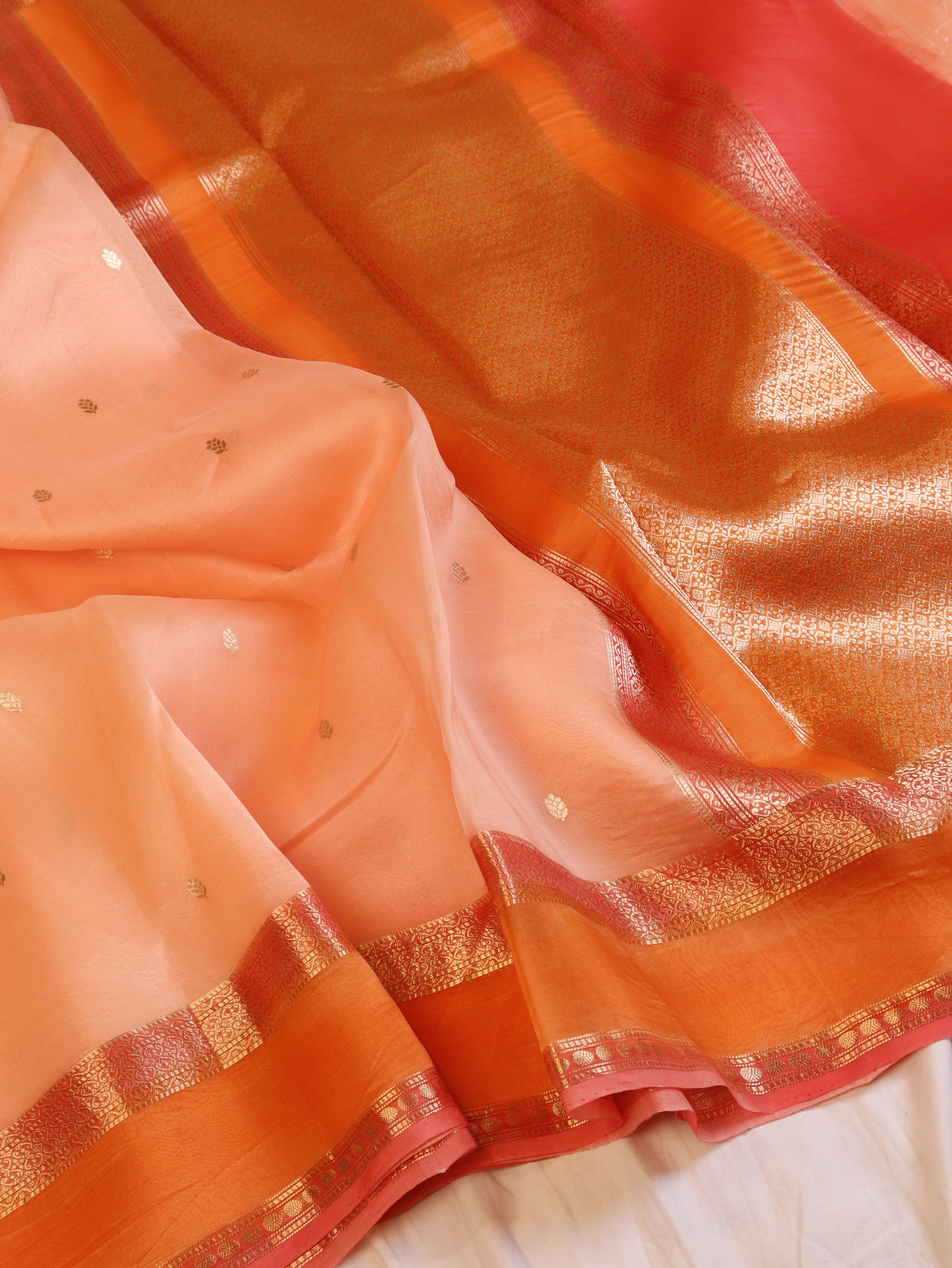Contrast Border Handloom Pure Kora Silk Saree - Peach