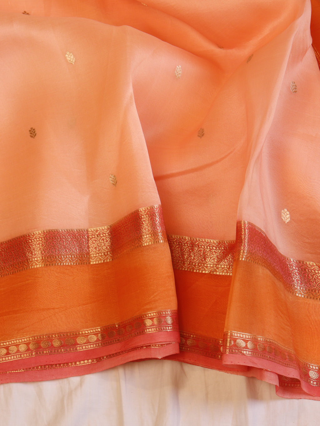 Contrast Border Handloom Pure Kora Silk Saree - Peach