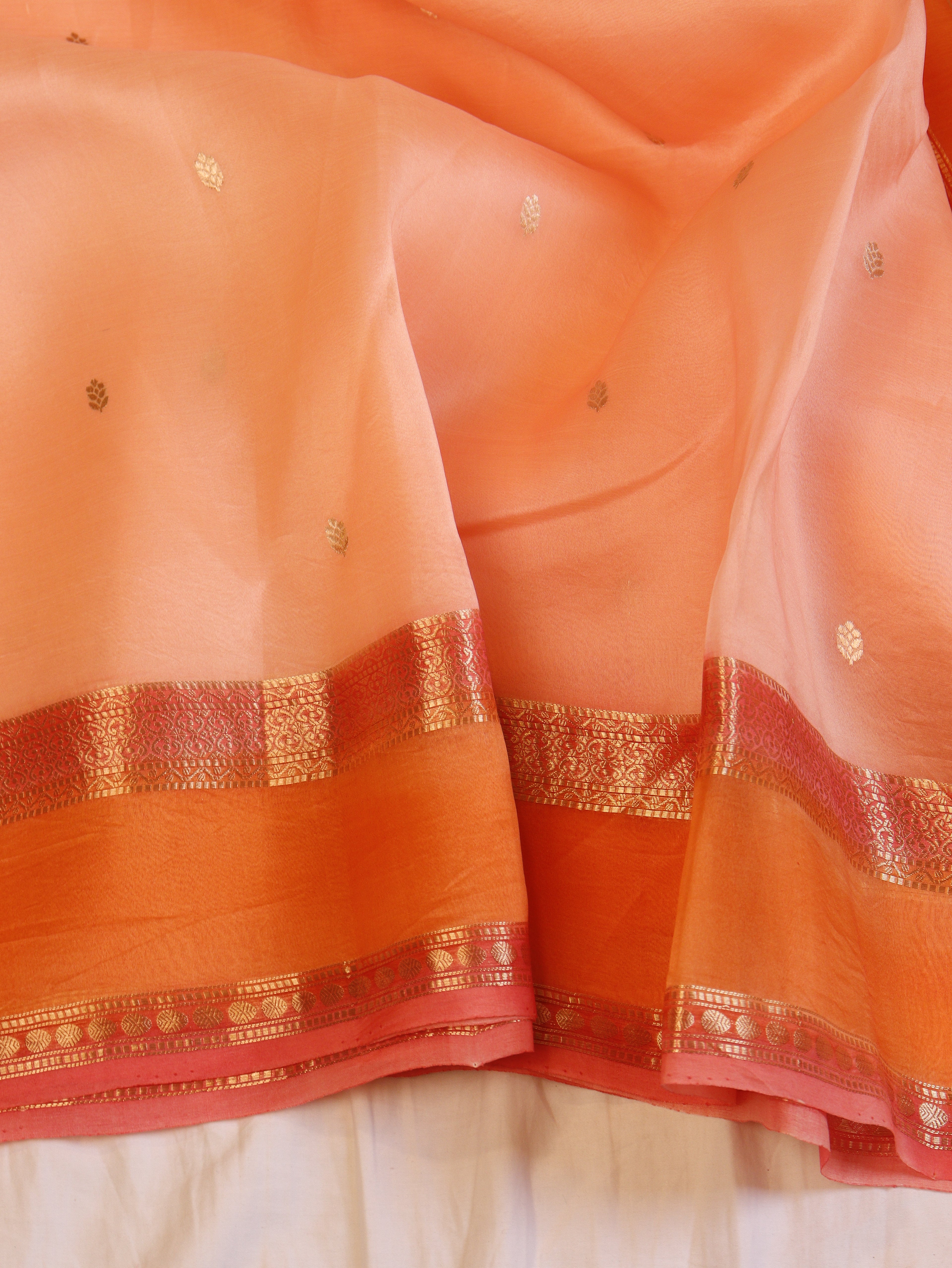 Contrast Border Handloom Pure Kora Silk Saree - Peach