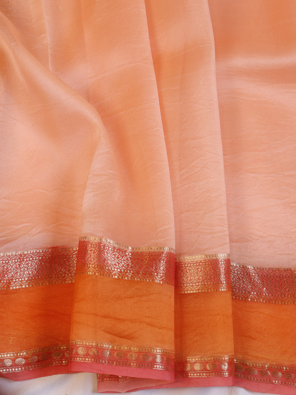 Contrast Border Handloom Pure Kora Silk Saree - Peach
