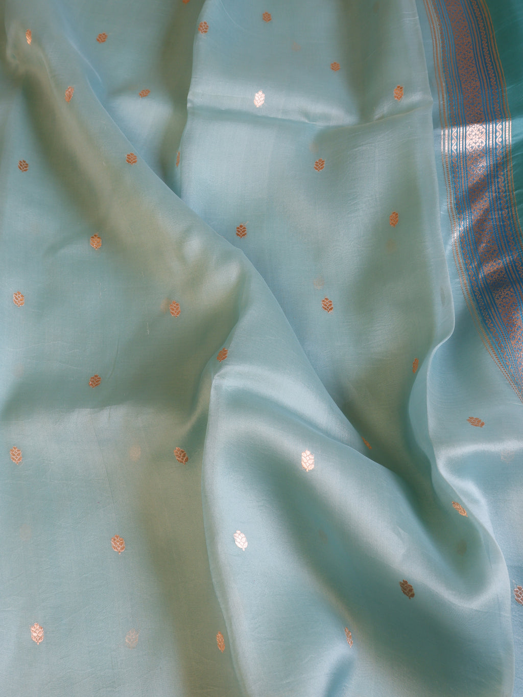 Contrast Border Handloom Pure Kora Silk Saree - Ocean Blue