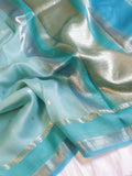 Contrast Border Handloom Pure Kora Silk Saree - Ocean Blue