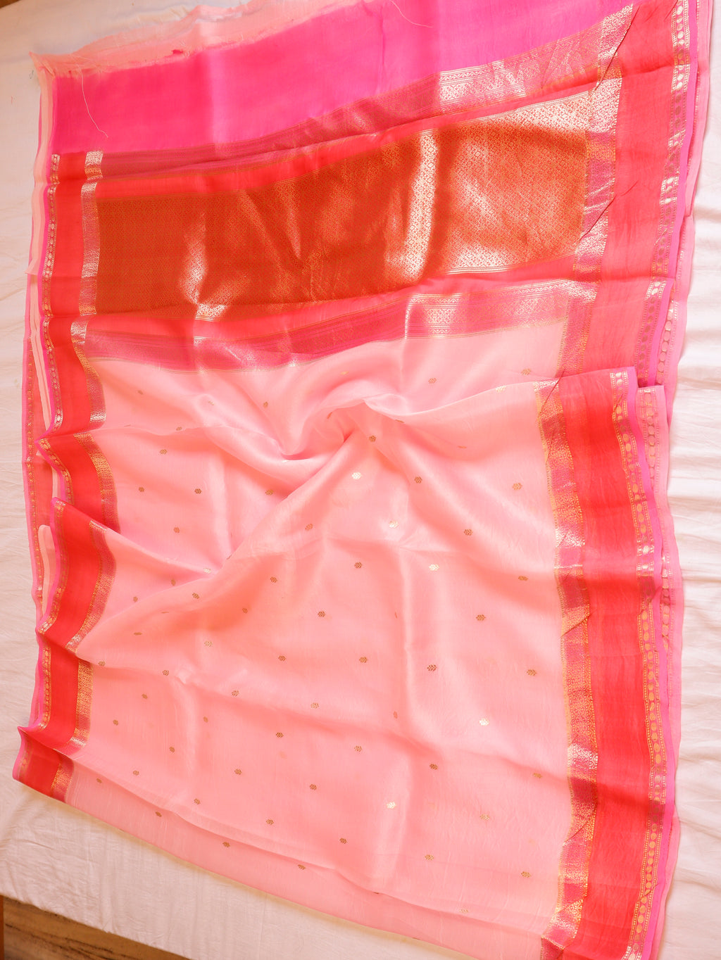 Contrast Border Handloom Pure Kora Silk Saree -  Soft Pink