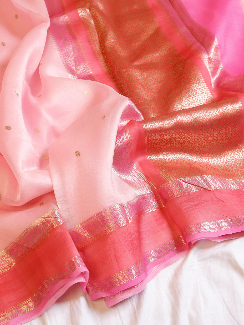Contrast Border Handloom Pure Kora Silk Saree -  Soft Pink