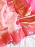 Contrast Border Handloom Pure Kora Silk Saree -  Soft Pink