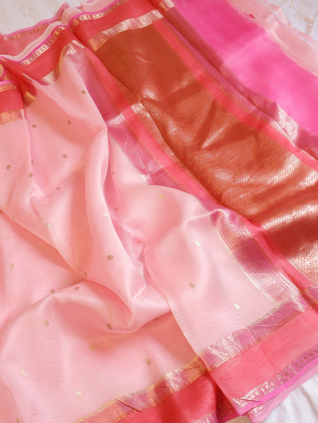 Contrast Border Handloom Pure Kora Silk Saree -  Soft Pink