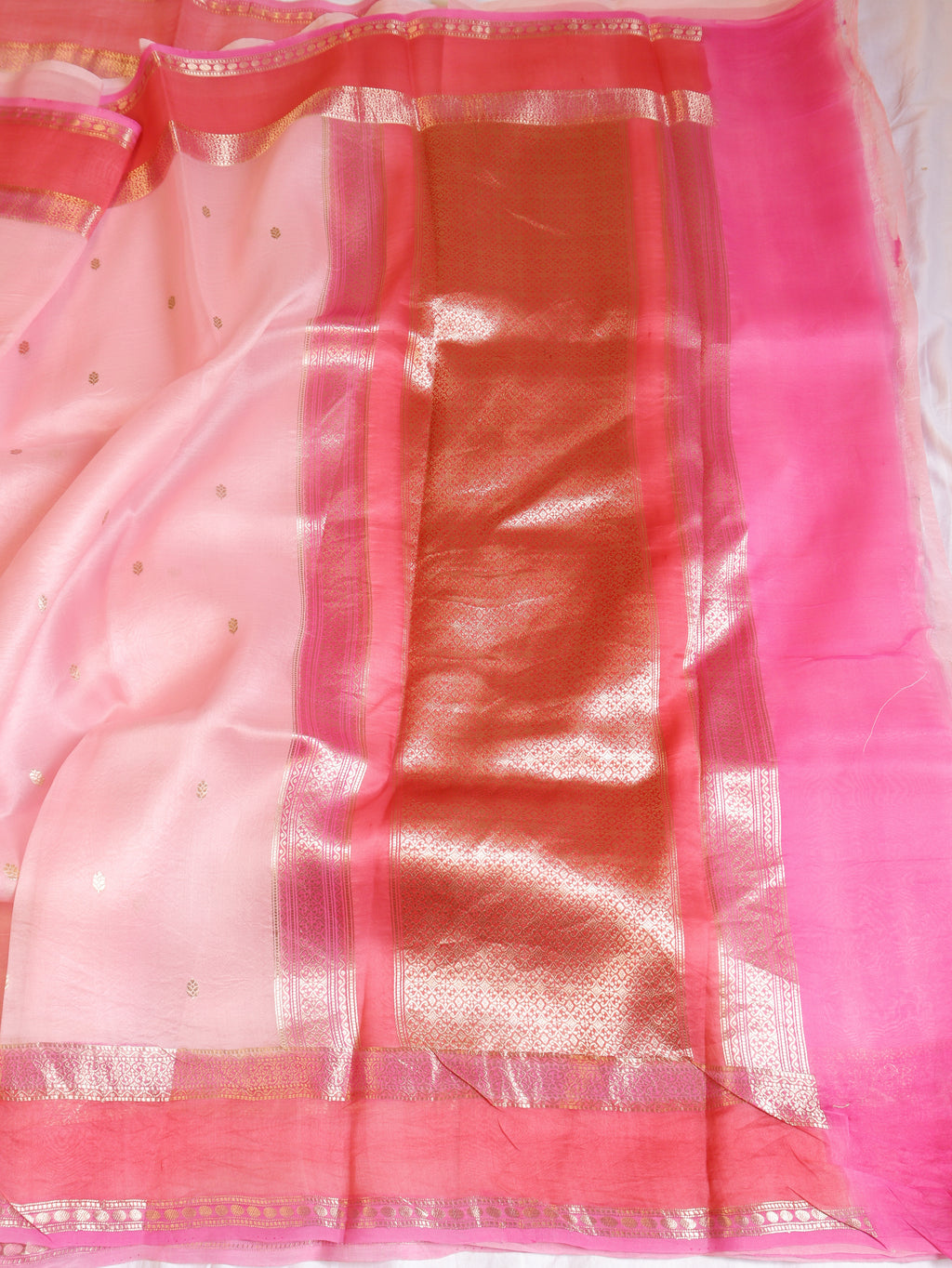 Contrast Border Handloom Pure Kora Silk Saree -  Soft Pink