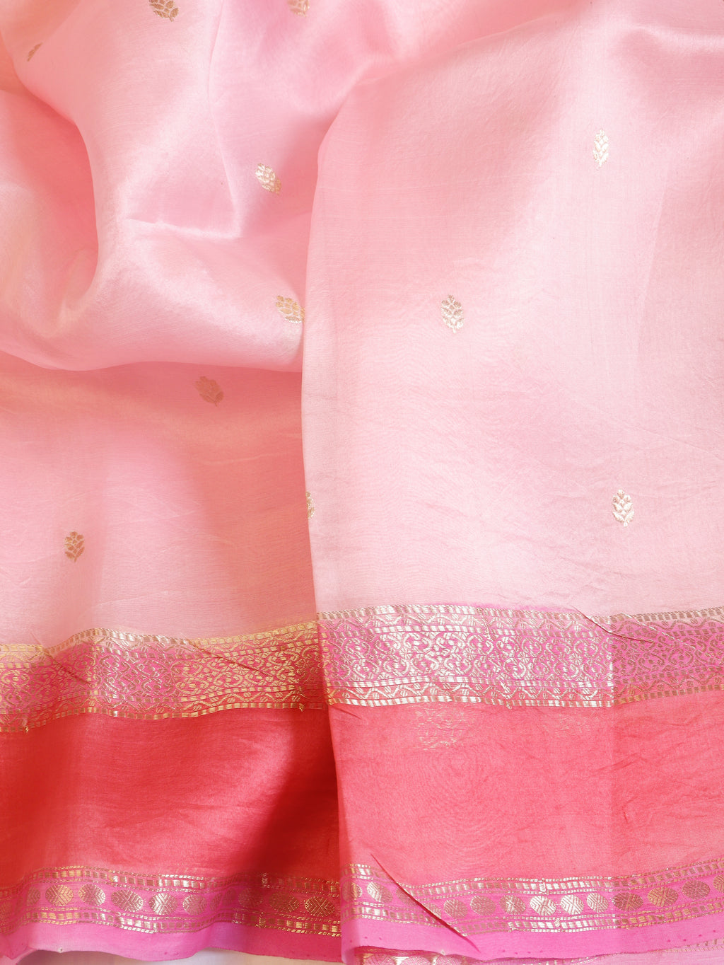 Contrast Border Handloom Pure Kora Silk Saree -  Soft Pink