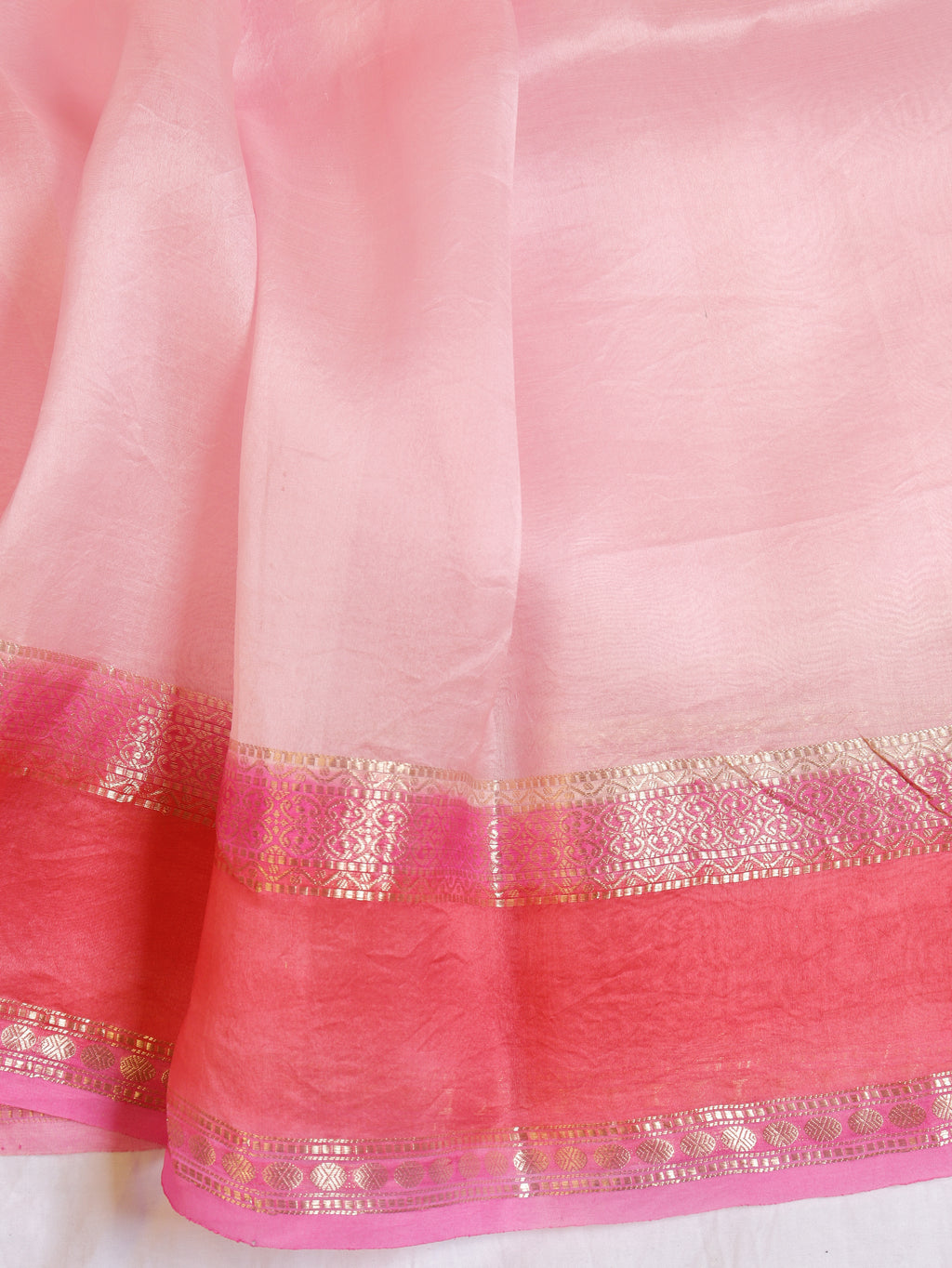 Contrast Border Handloom Pure Kora Silk Saree -  Soft Pink
