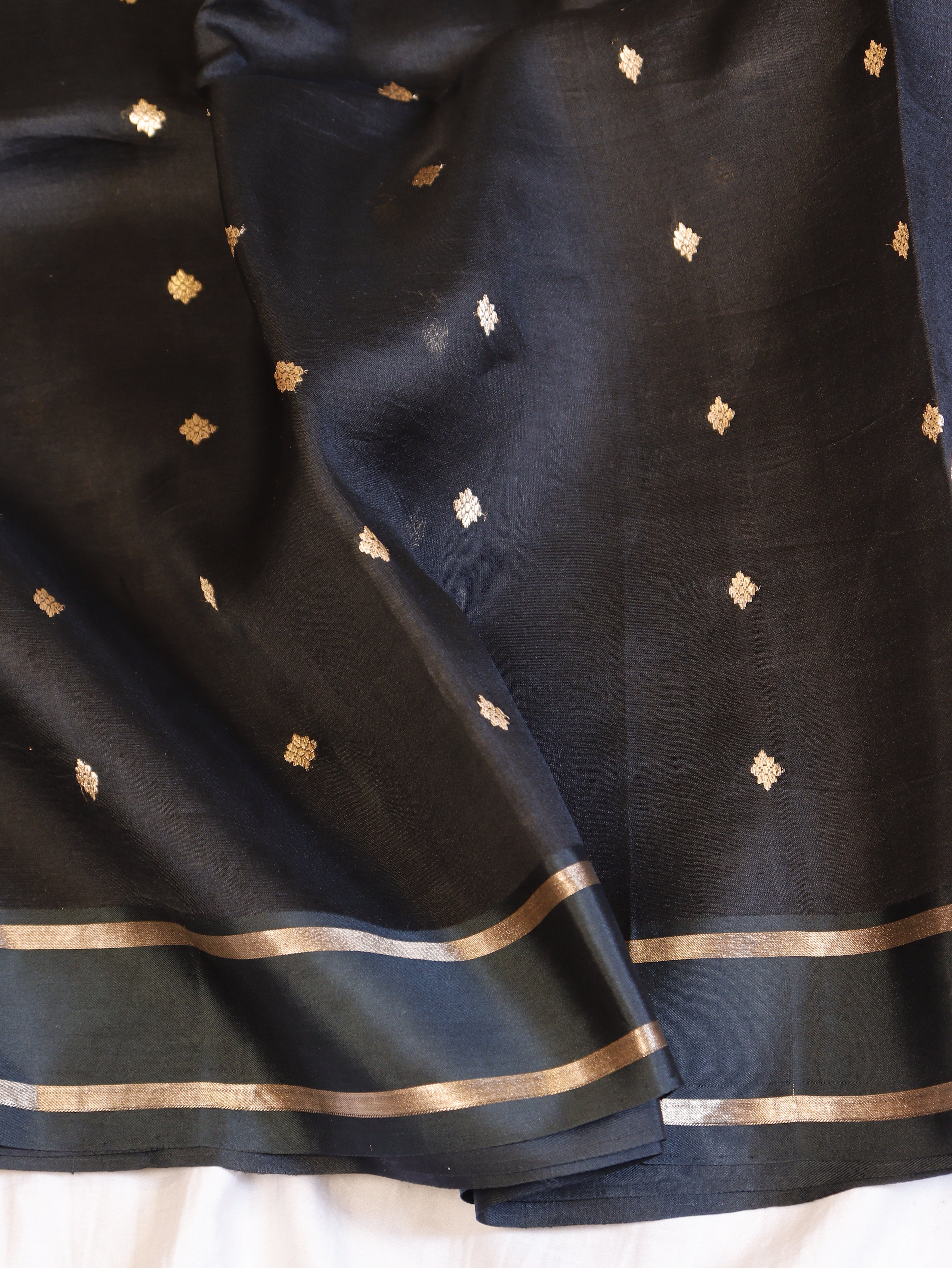 Minimal Border Handloom Kora Silk Saree - Black