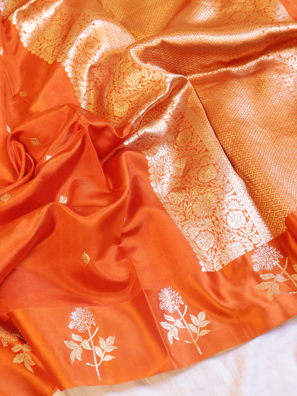 Flower Border Handloom Pure Soft Katan Silk Saree - Orange