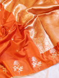 Flower Border Handloom Pure Soft Katan Silk Saree - Orange
