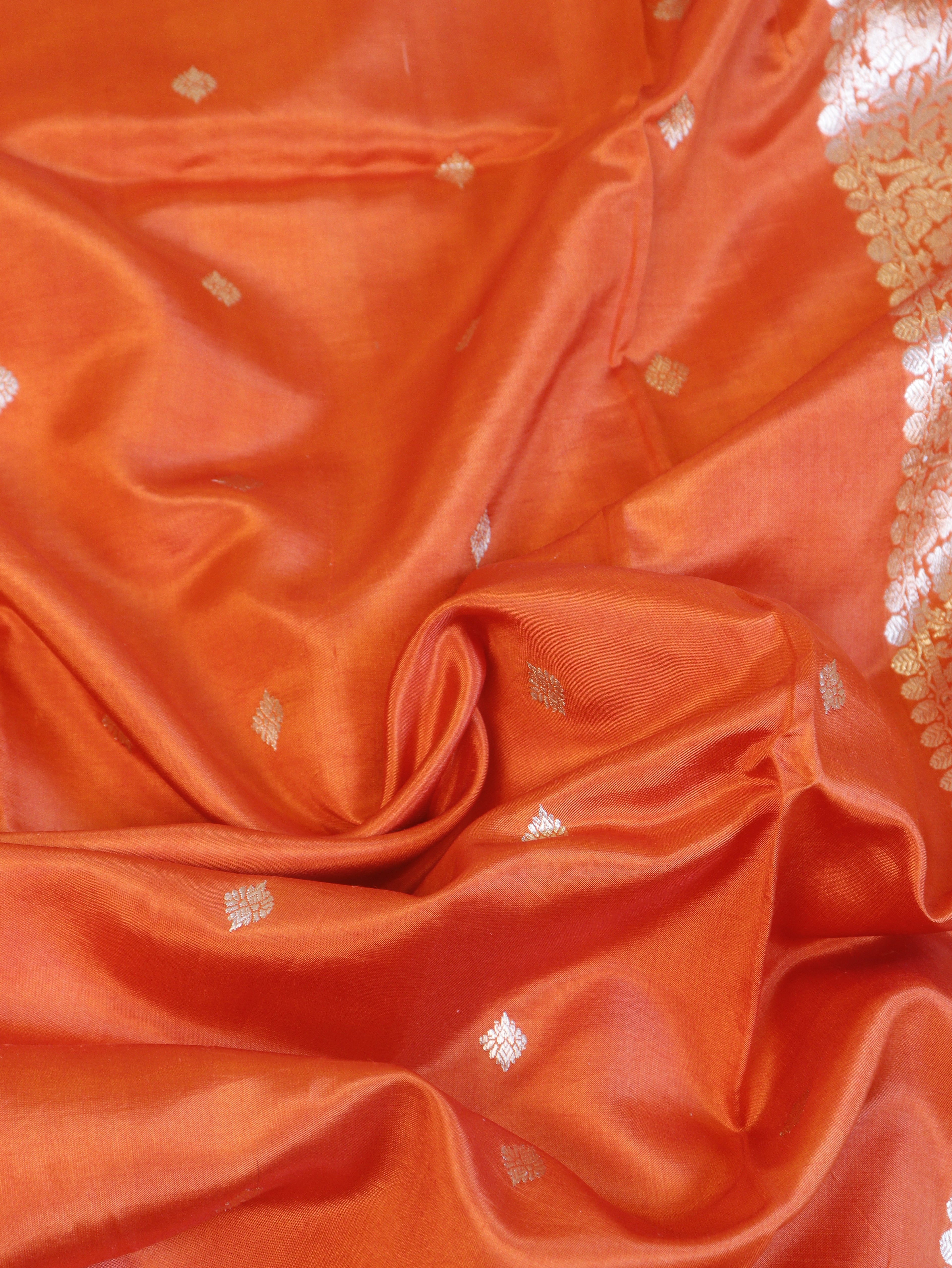Flower Border Handloom Pure Soft Katan Silk Saree - Orange