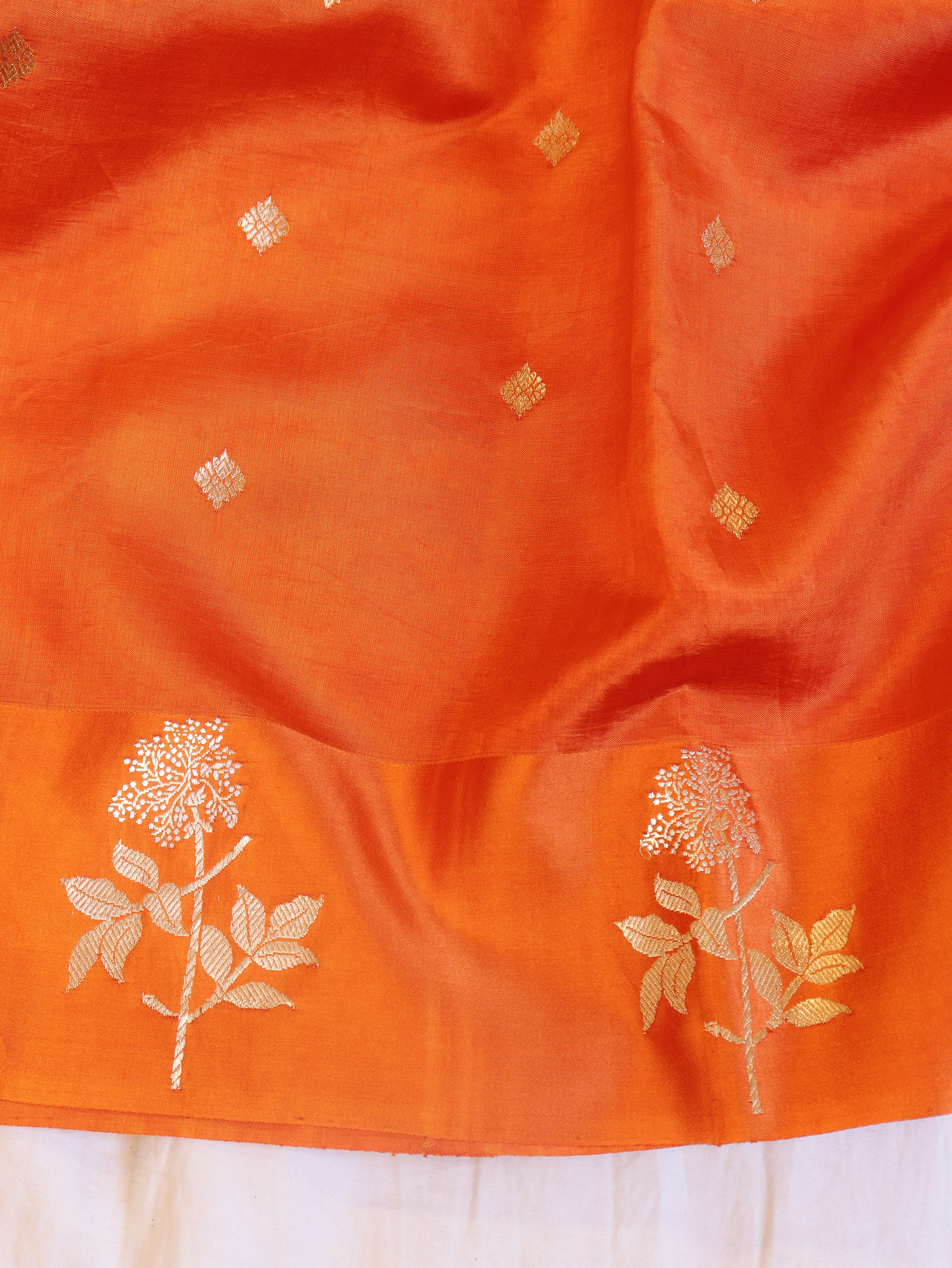 Flower Border Handloom Pure Soft Katan Silk Saree - Orange