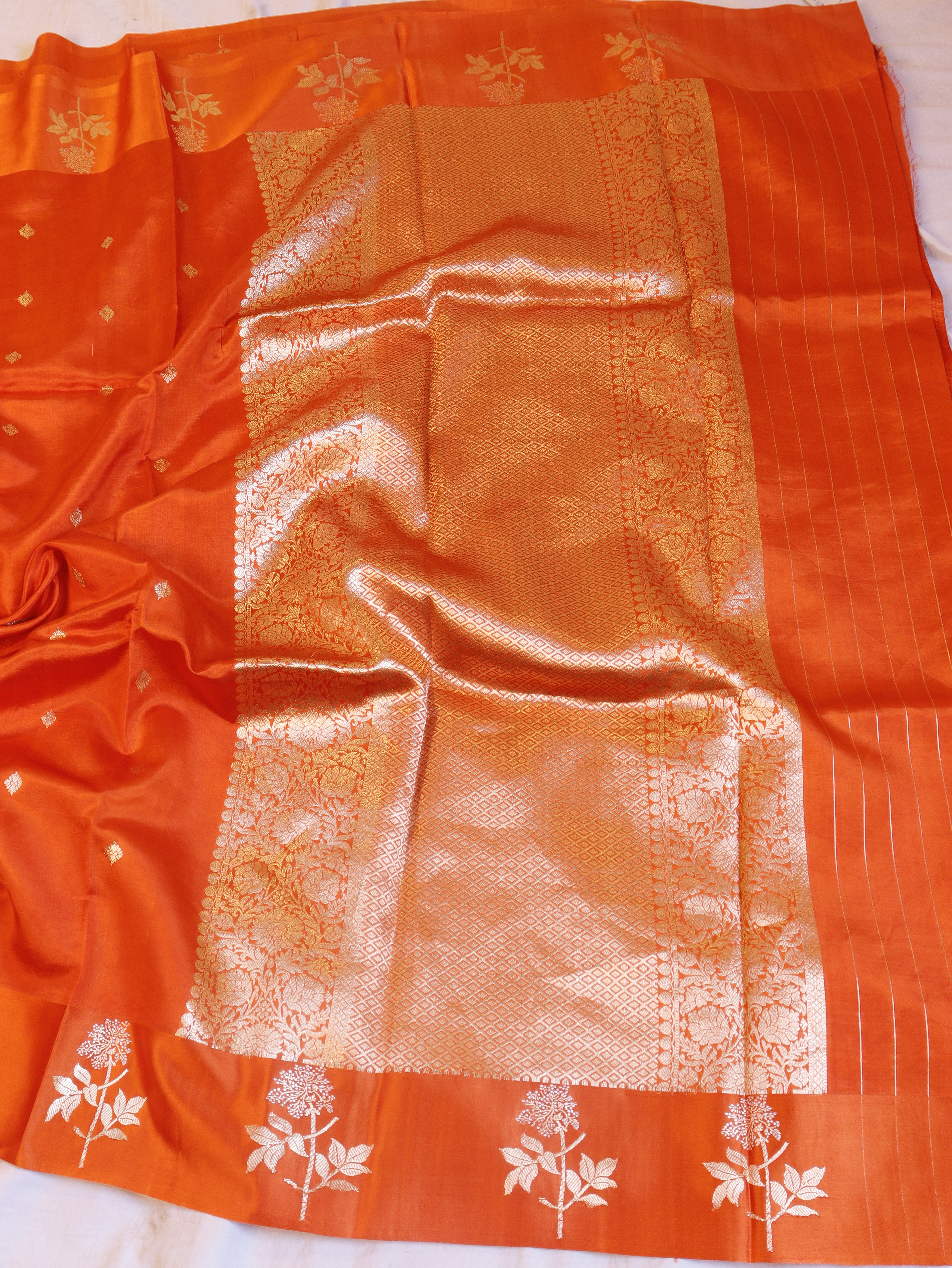 Flower Border Handloom Pure Soft Katan Silk Saree - Orange