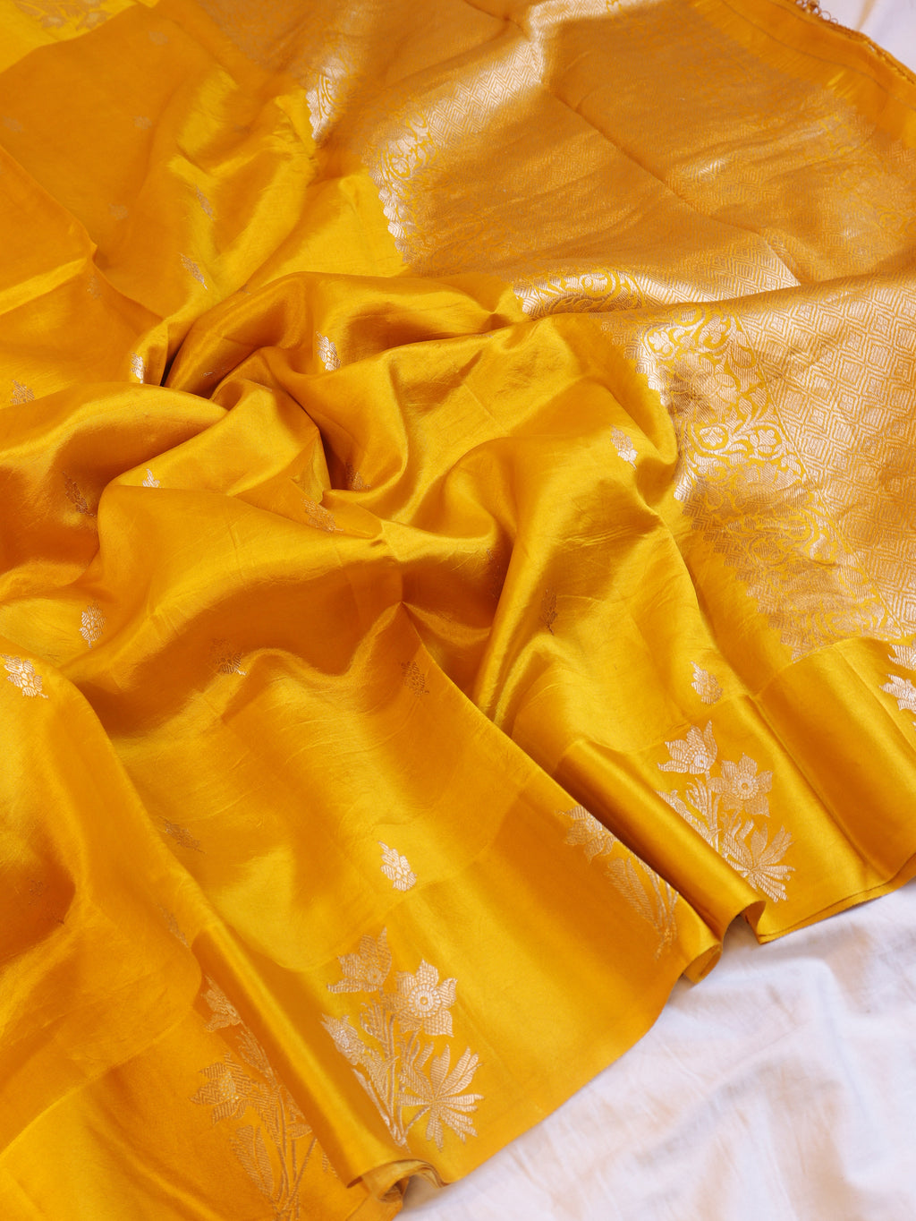 Flower Border Handloom Pure Soft Katan Silk Saree - Yellow