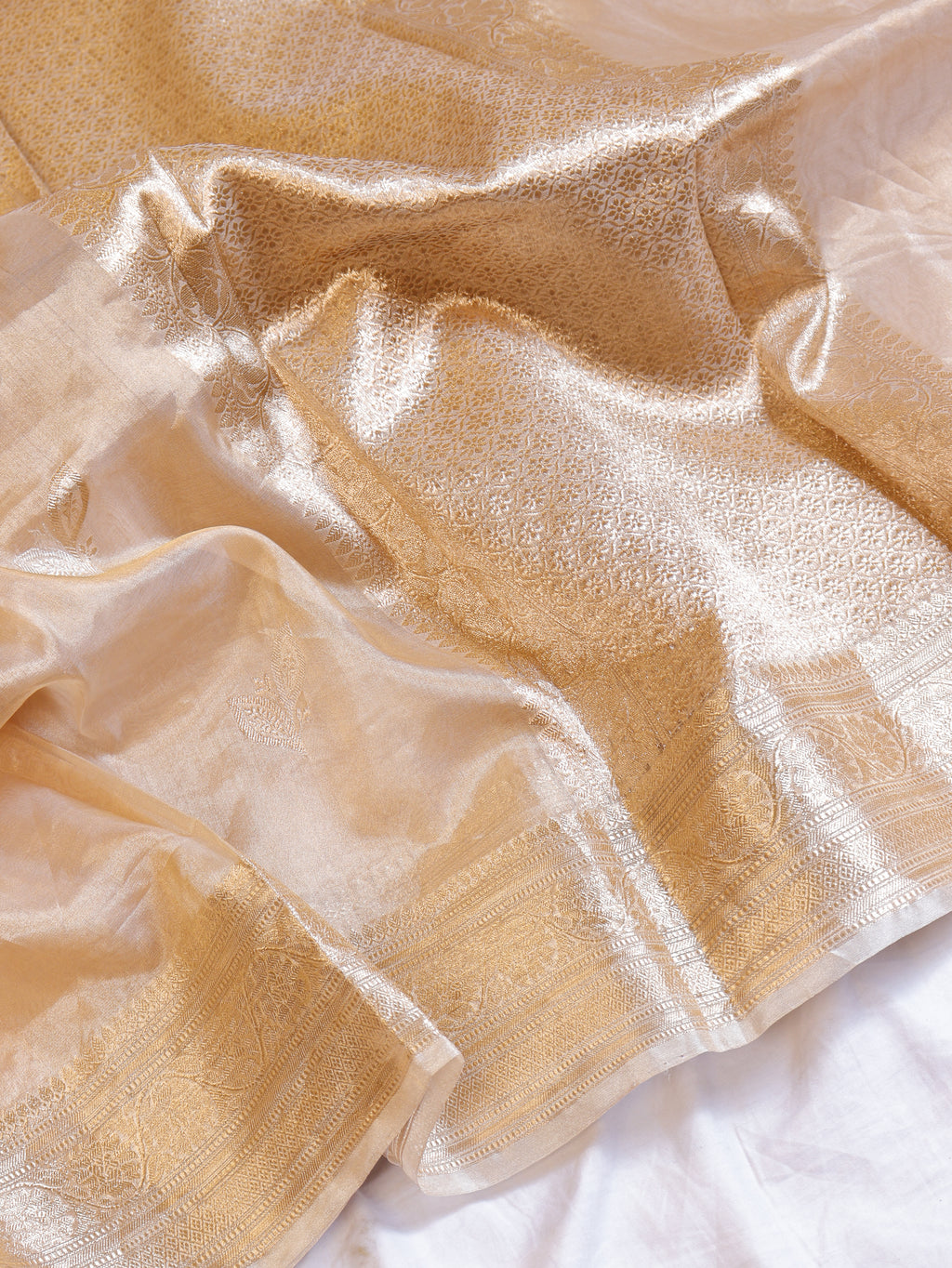 Pre - Order : Gold Zari Border Handloom Pure Tissue Silk Saree - Beige