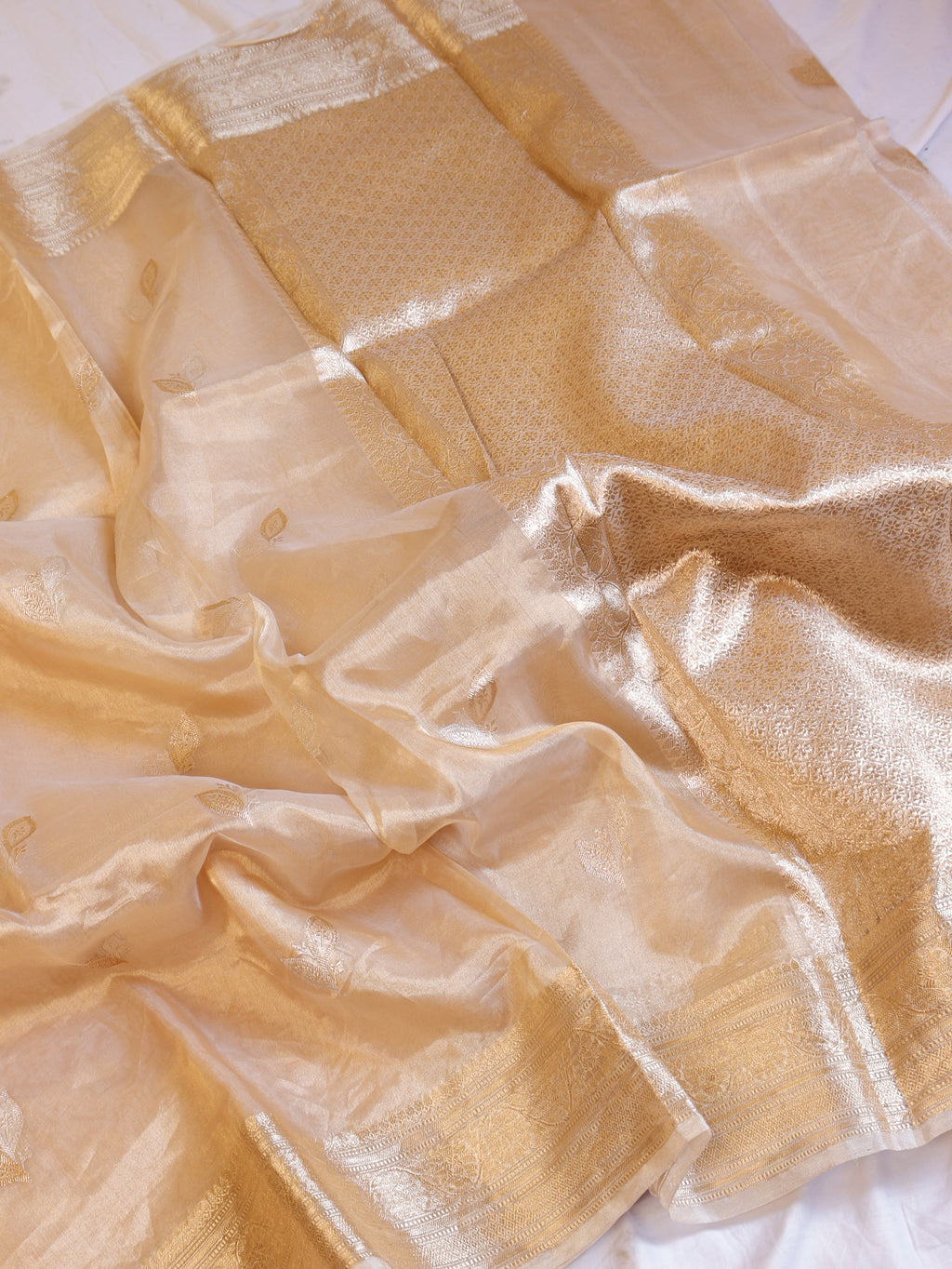 Pre - Order : Gold Zari Border Handloom Pure Tissue Silk Saree - Beige