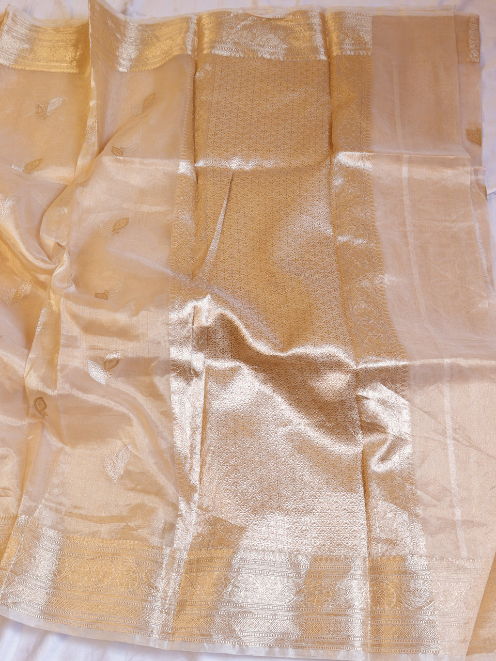 Pre - Order : Gold Zari Border Handloom Pure Tissue Silk Saree - Beige