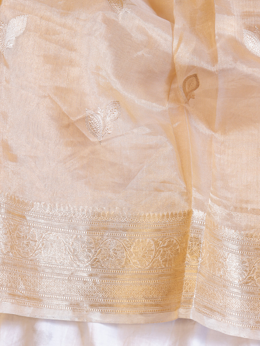 Pre - Order : Gold Zari Border Handloom Pure Tissue Silk Saree - Beige