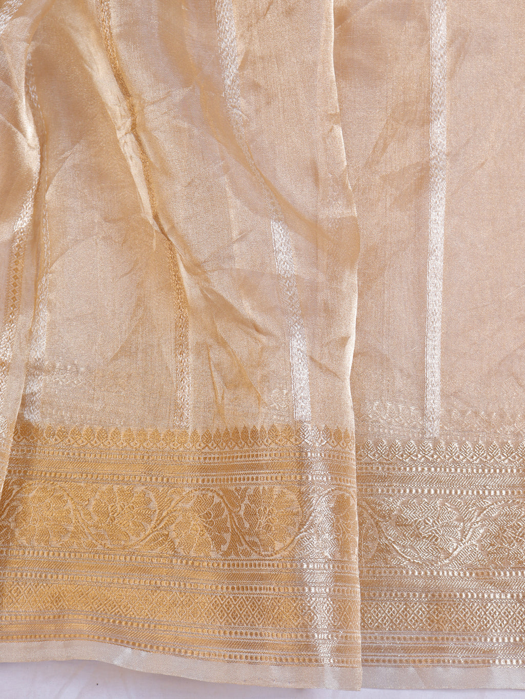 Pre - Order : Gold Zari Border Handloom Pure Tissue Silk Saree - Beige