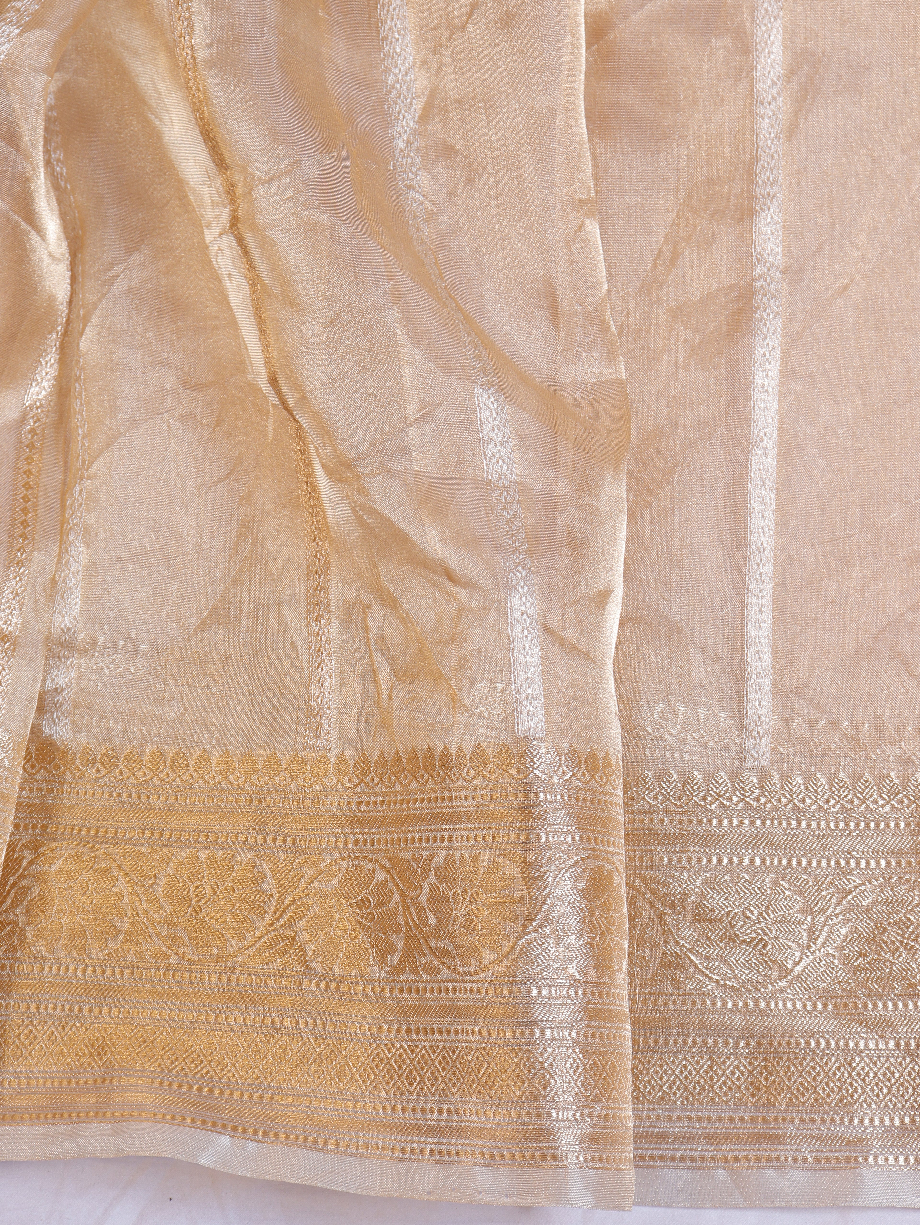Pre - Order : Gold Zari Border Handloom Pure Tissue Silk Saree - Beige