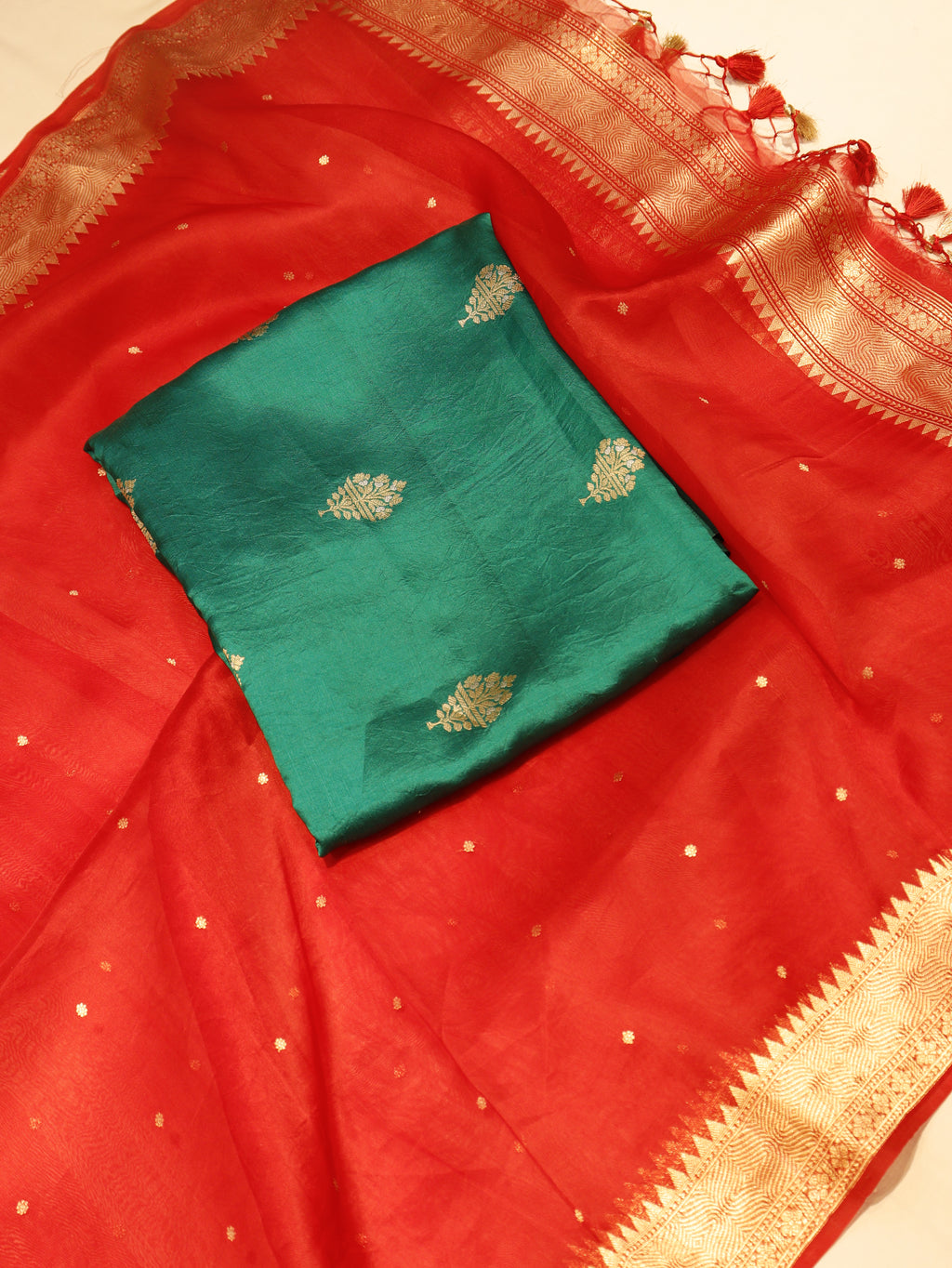 Handloom Pure Soft Katan Silk Suit - Bottle Green