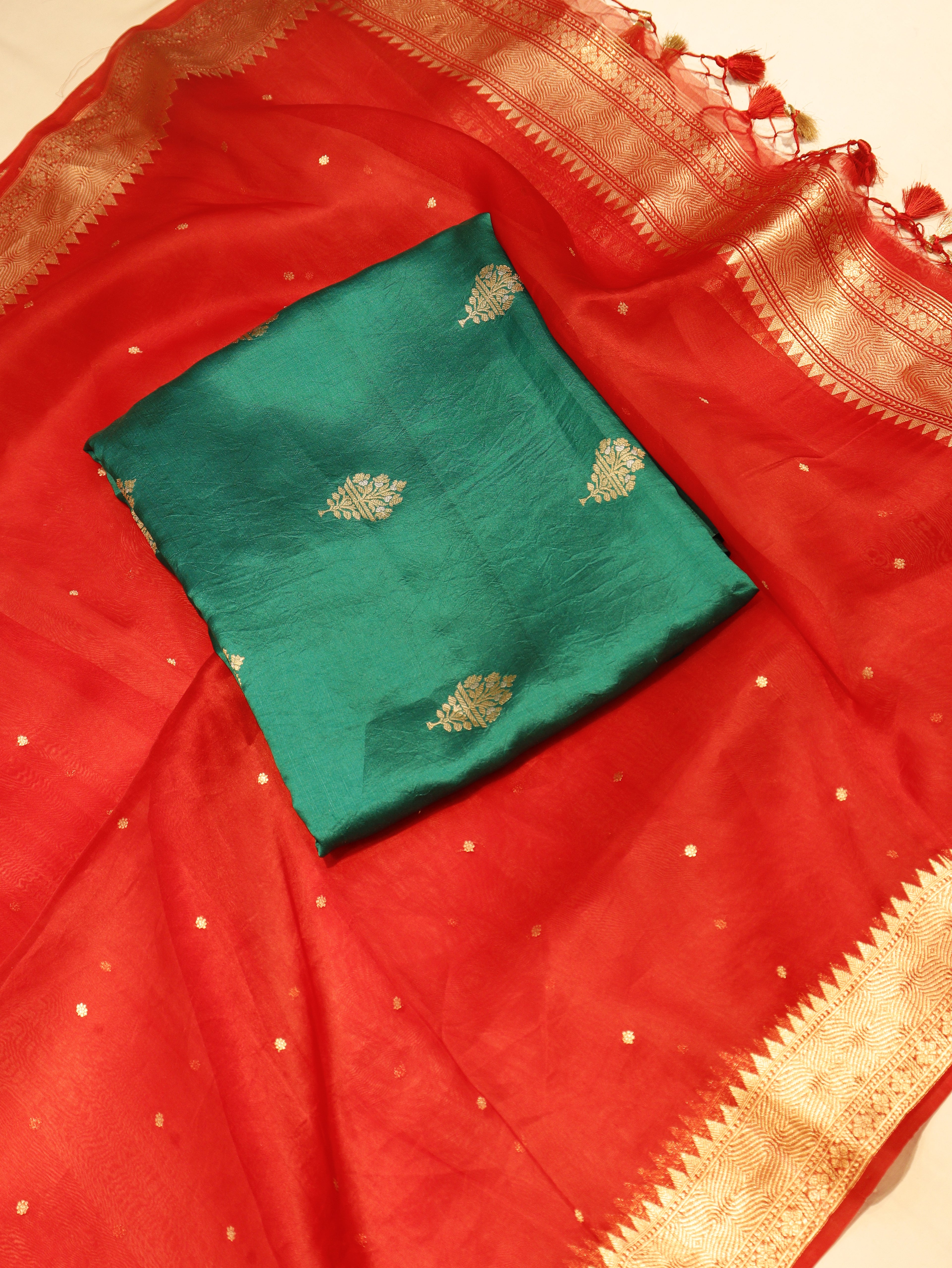 Handloom Pure Soft Katan Silk Suit - Bottle Green