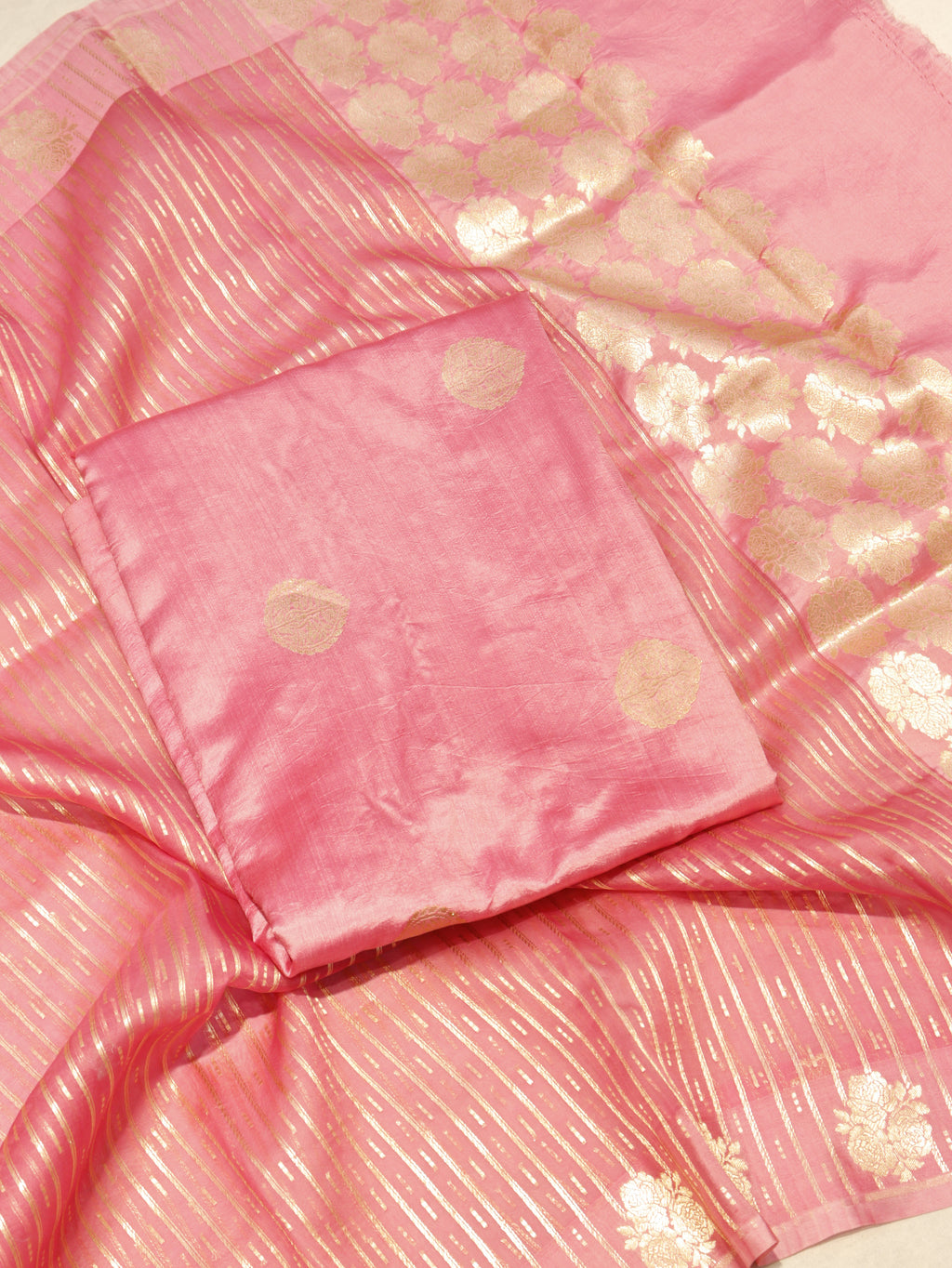 Handloom Pure Soft Katan Silk Suit with Kora Silk Dupatta - Peach Pink
