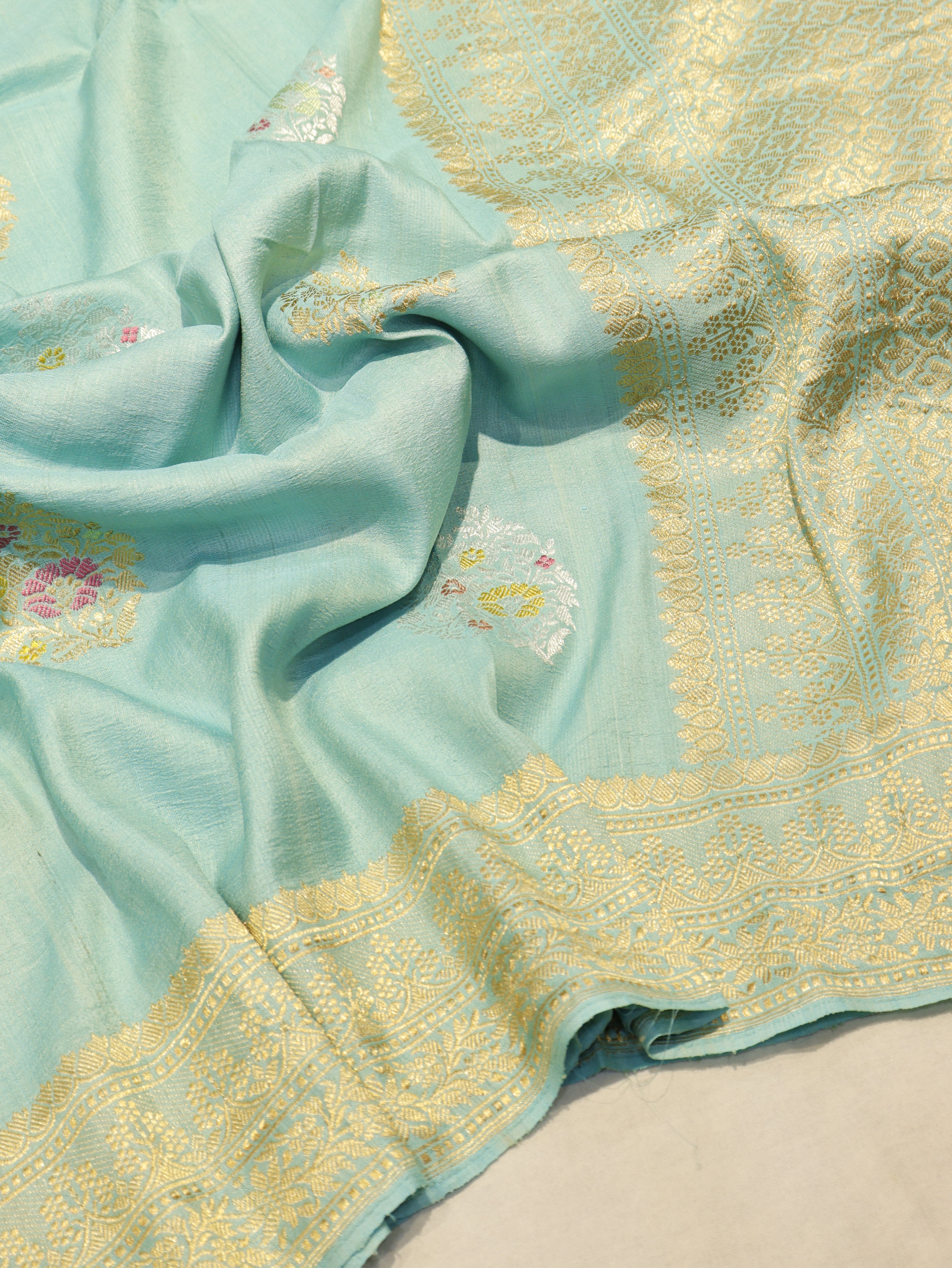 Banarasi Pure Tussar Silk Saree – Mint Blue