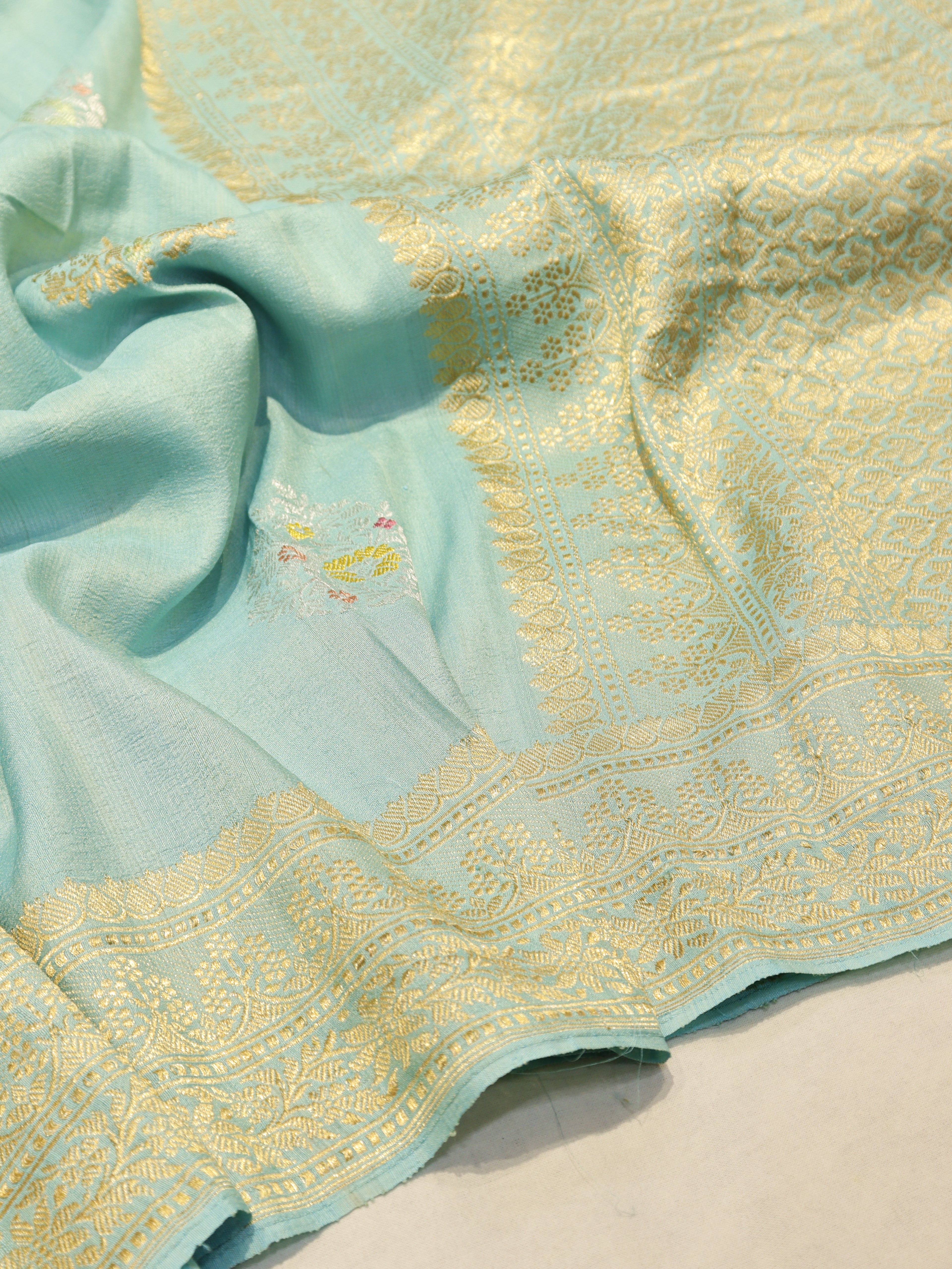 Banarasi Pure Tussar Silk Saree – Mint Blue