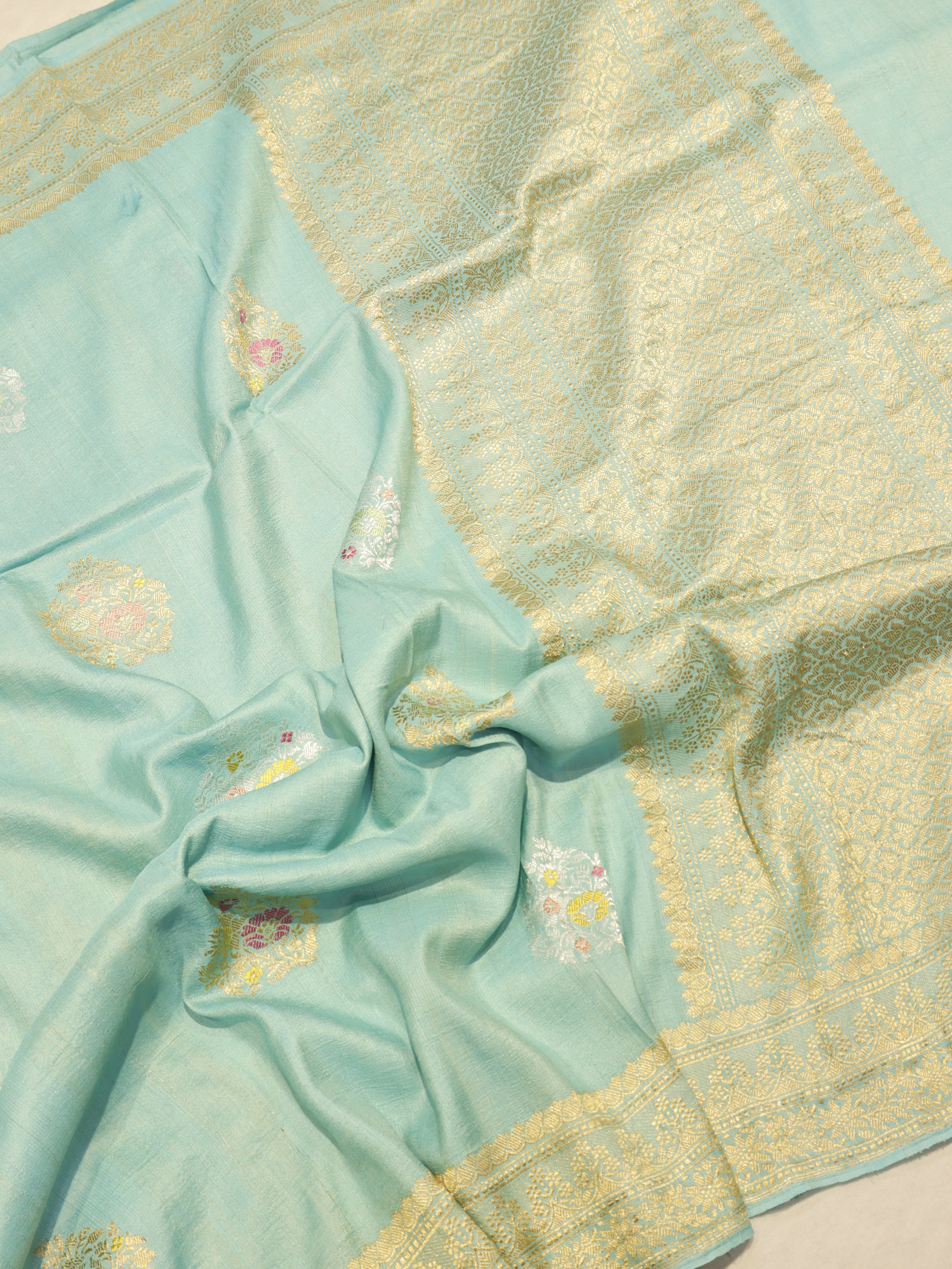 Banarasi Pure Tussar Silk Saree – Mint Blue
