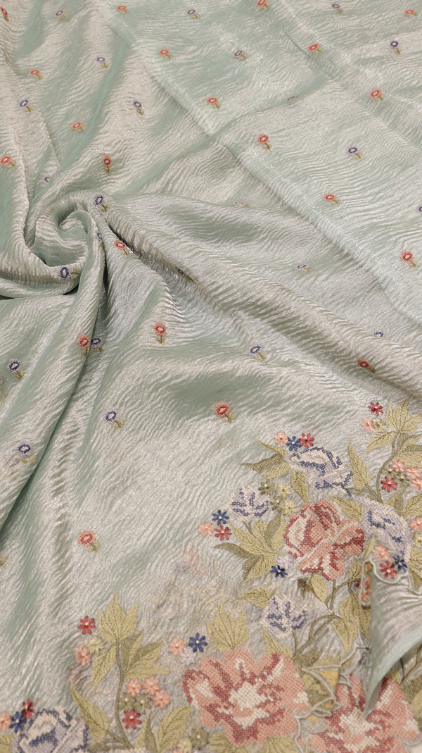 Handloom Crushed Tissue Saree With Cross-Stitched Border
