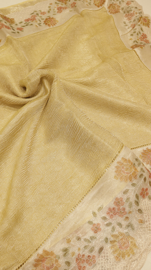 Handloom Crushed Tissue Saree With Cross-Stitched Border