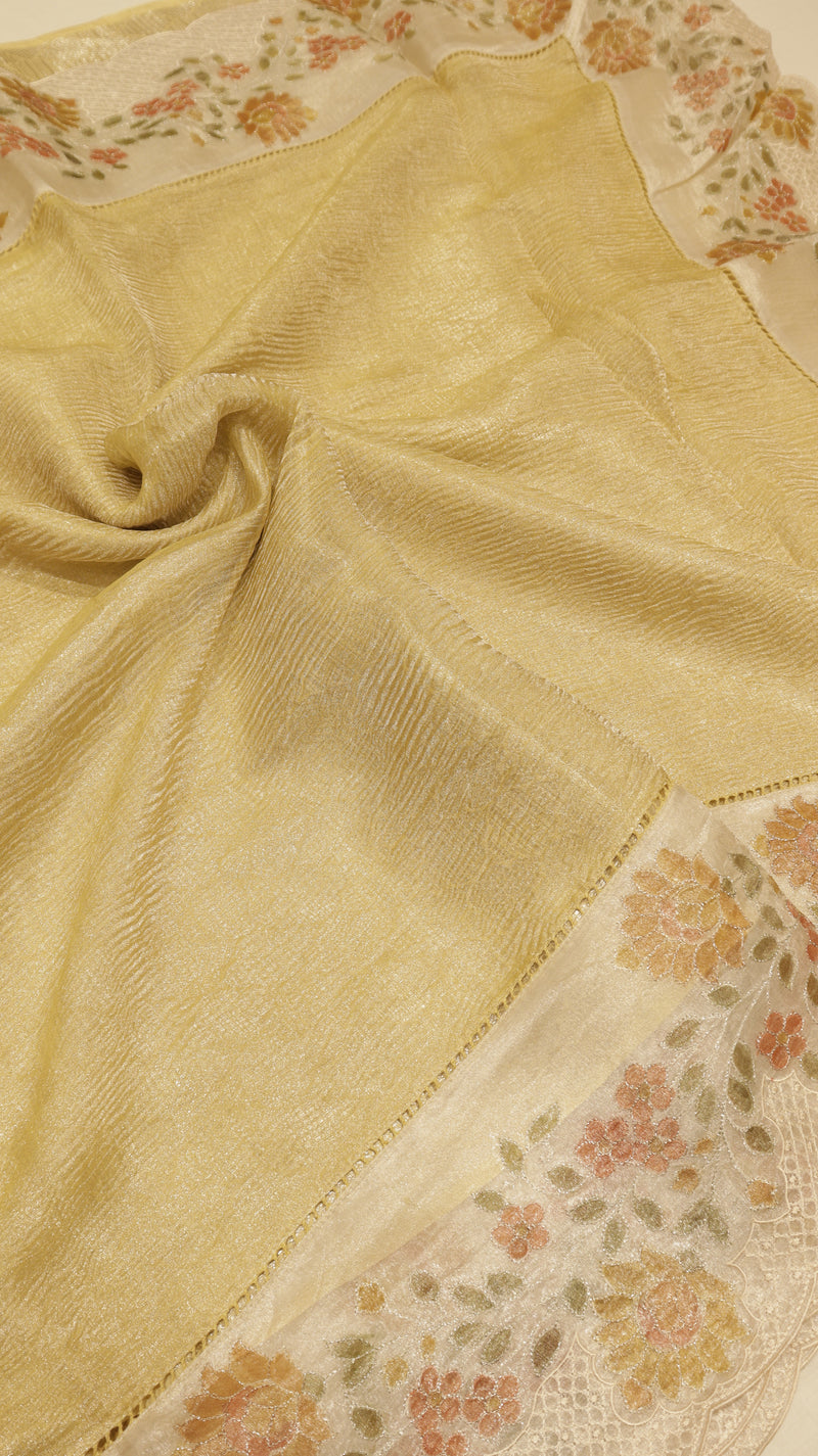 Handloom Crushed Tissue Saree With Cross-Stitched Border