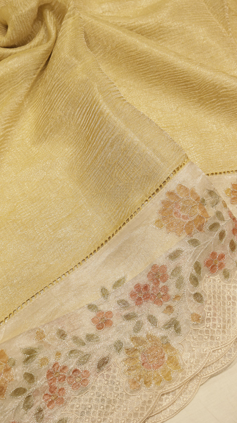 Handloom Crushed Tissue Saree With Cross-Stitched Border