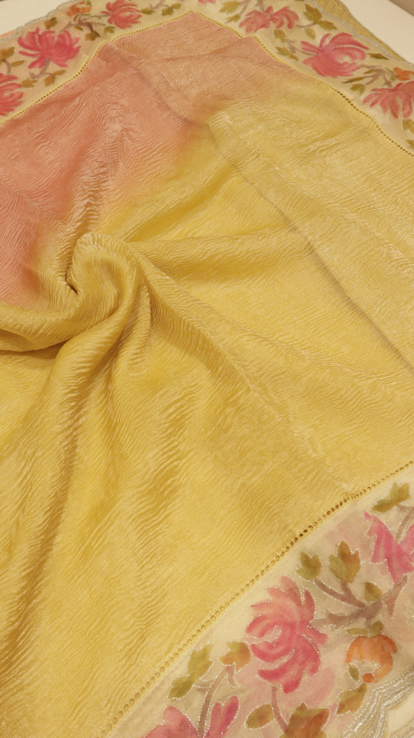 Handloom Crushed Tissue Saree With Cross-Stitched Border